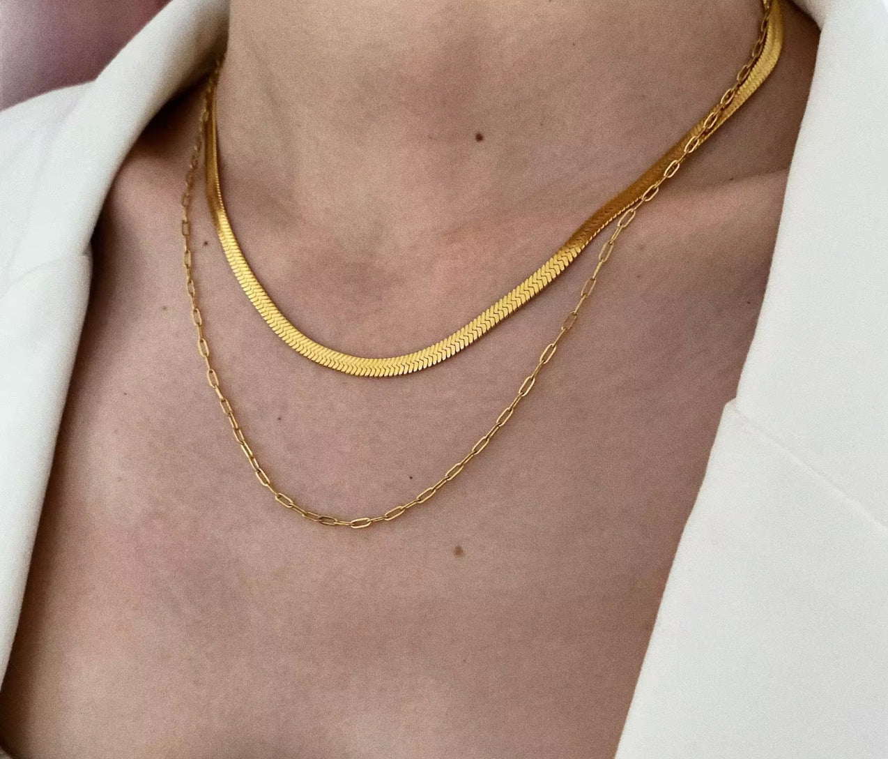 Double necklace - Herringbone + Paperclip