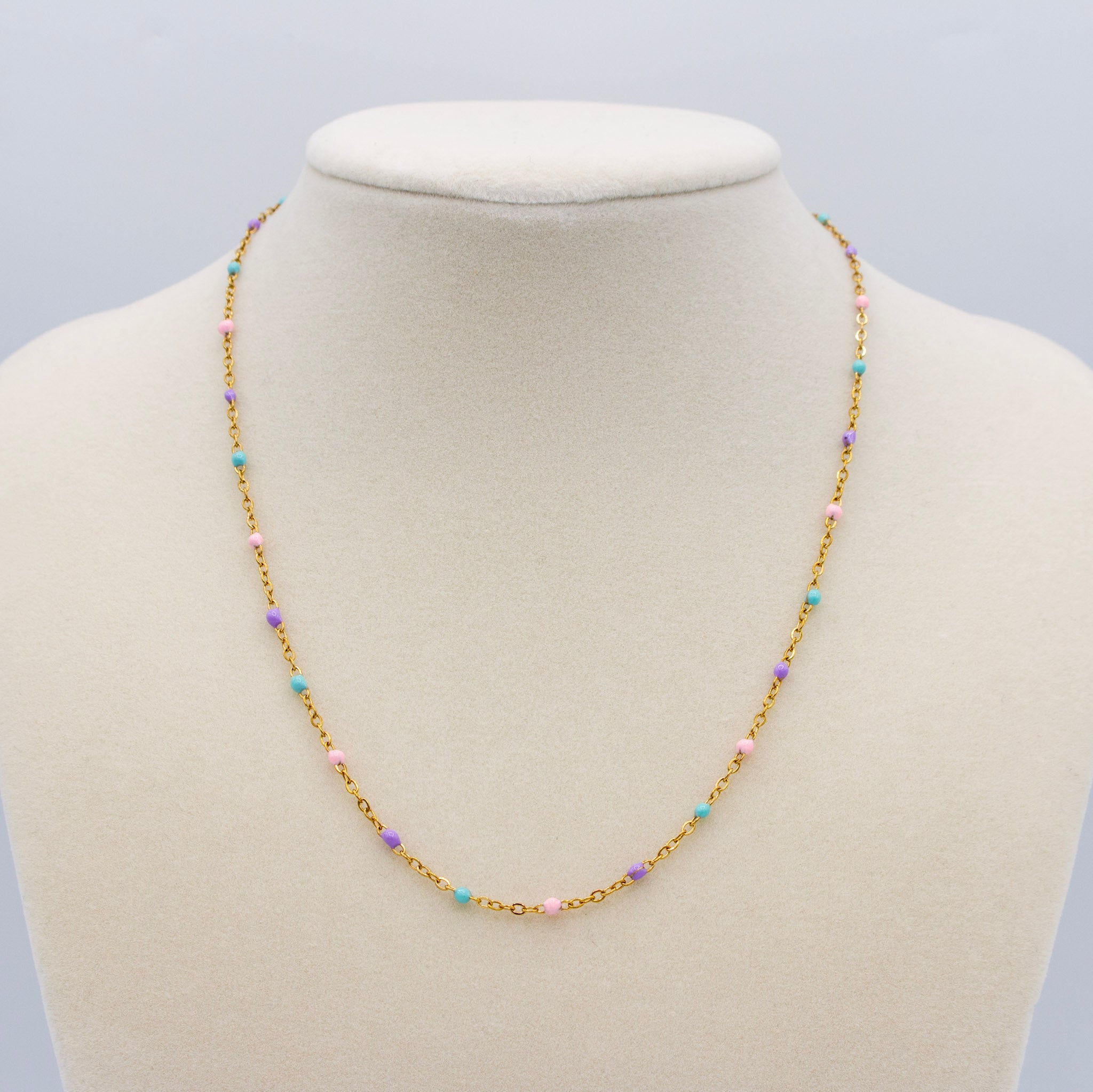 Purple, Pink, and Blue Bead Gold Necklace