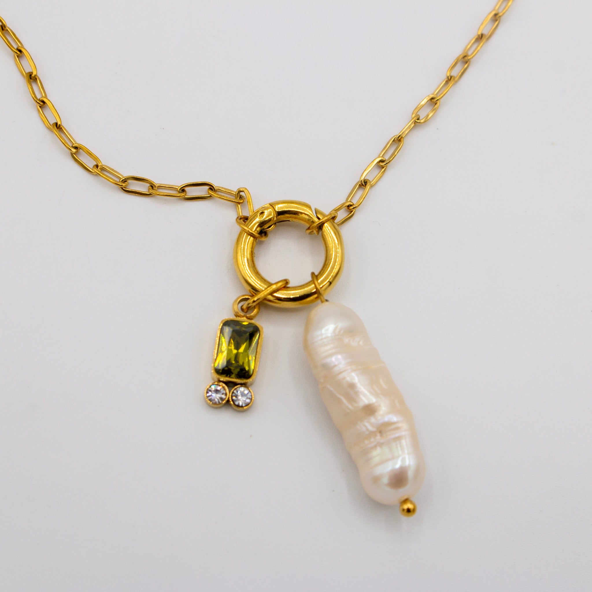 Olive Green Cz & Pearl Necklace