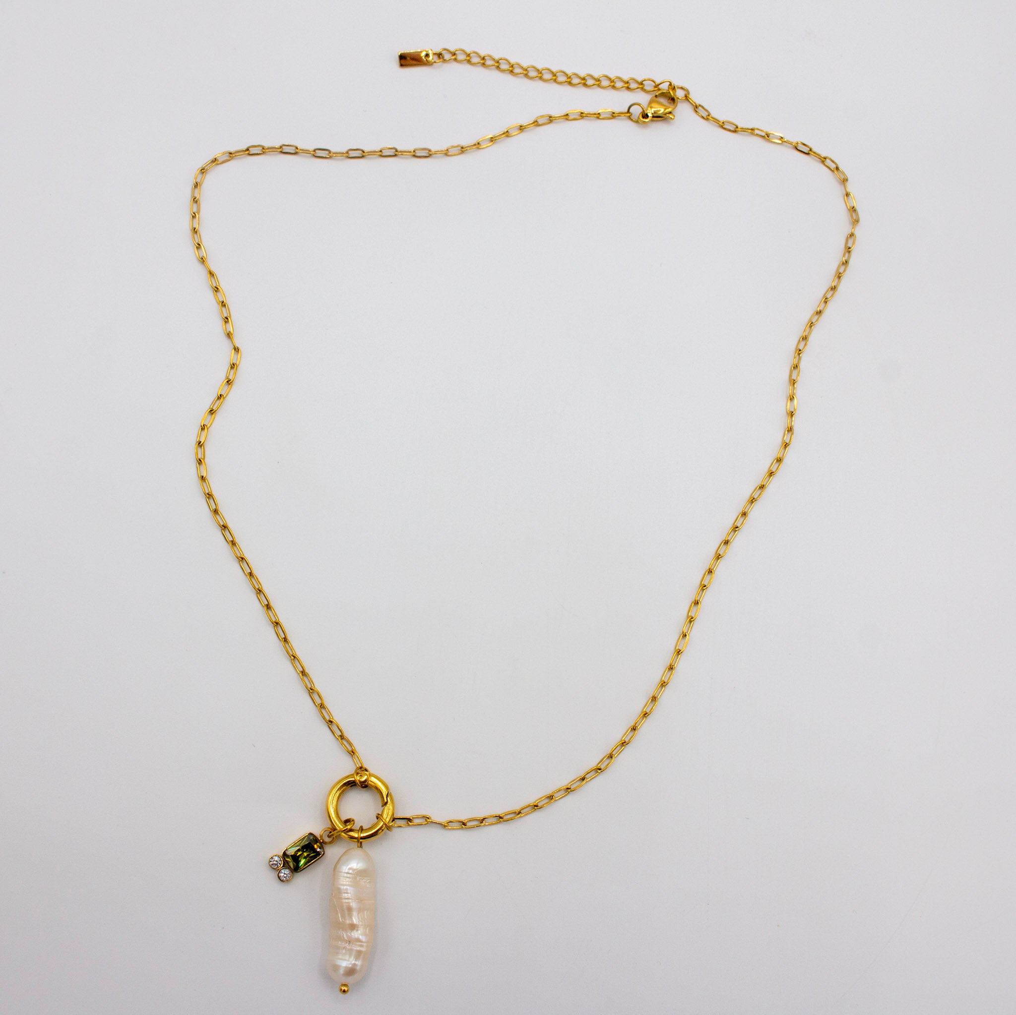 Olive Green Cz & Pearl Necklace