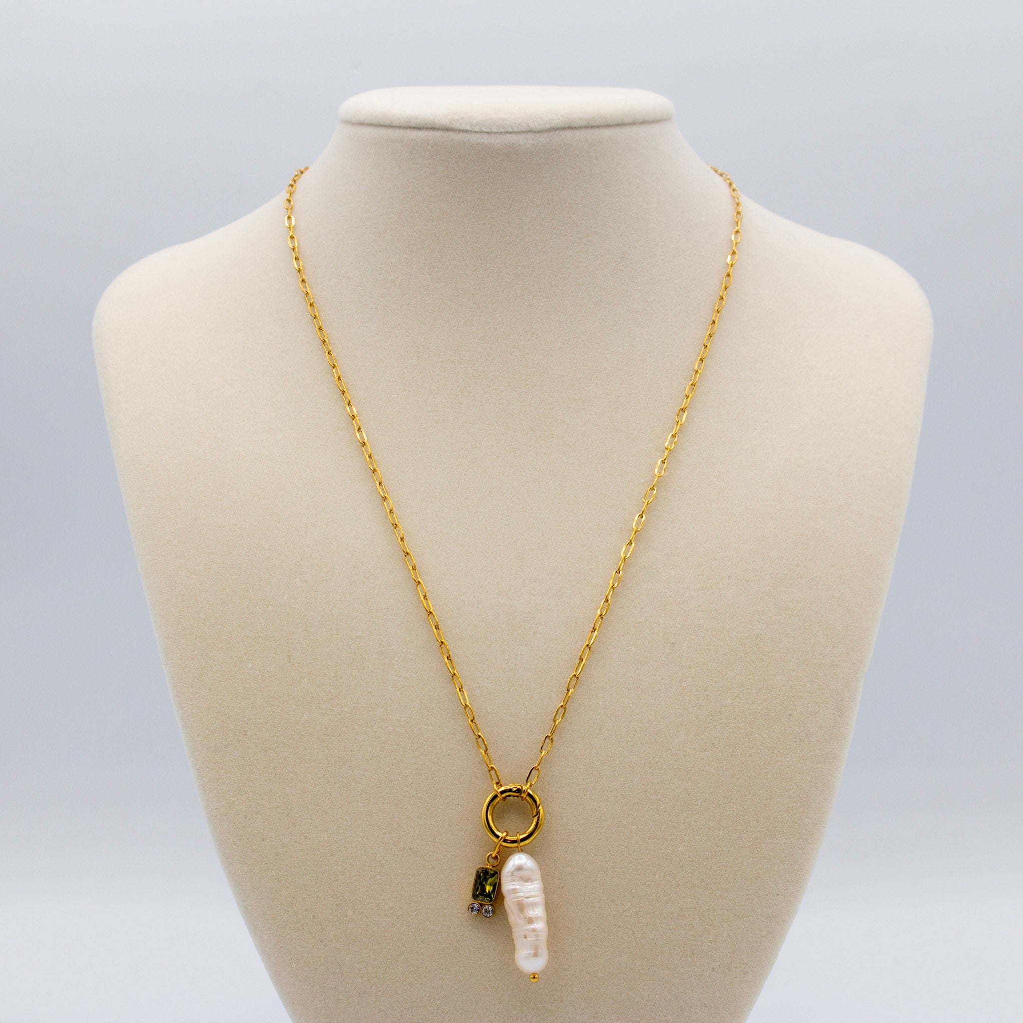 Olive Green Cz & Pearl Necklace