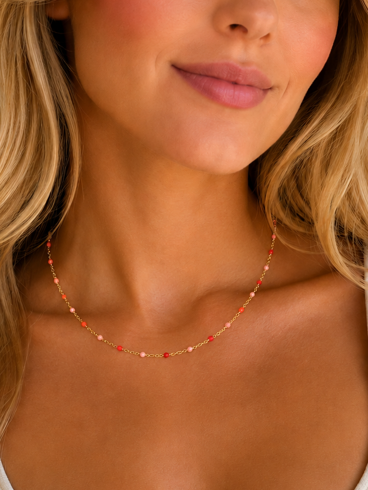Red, Pink, and Orange Bead Gold Necklace