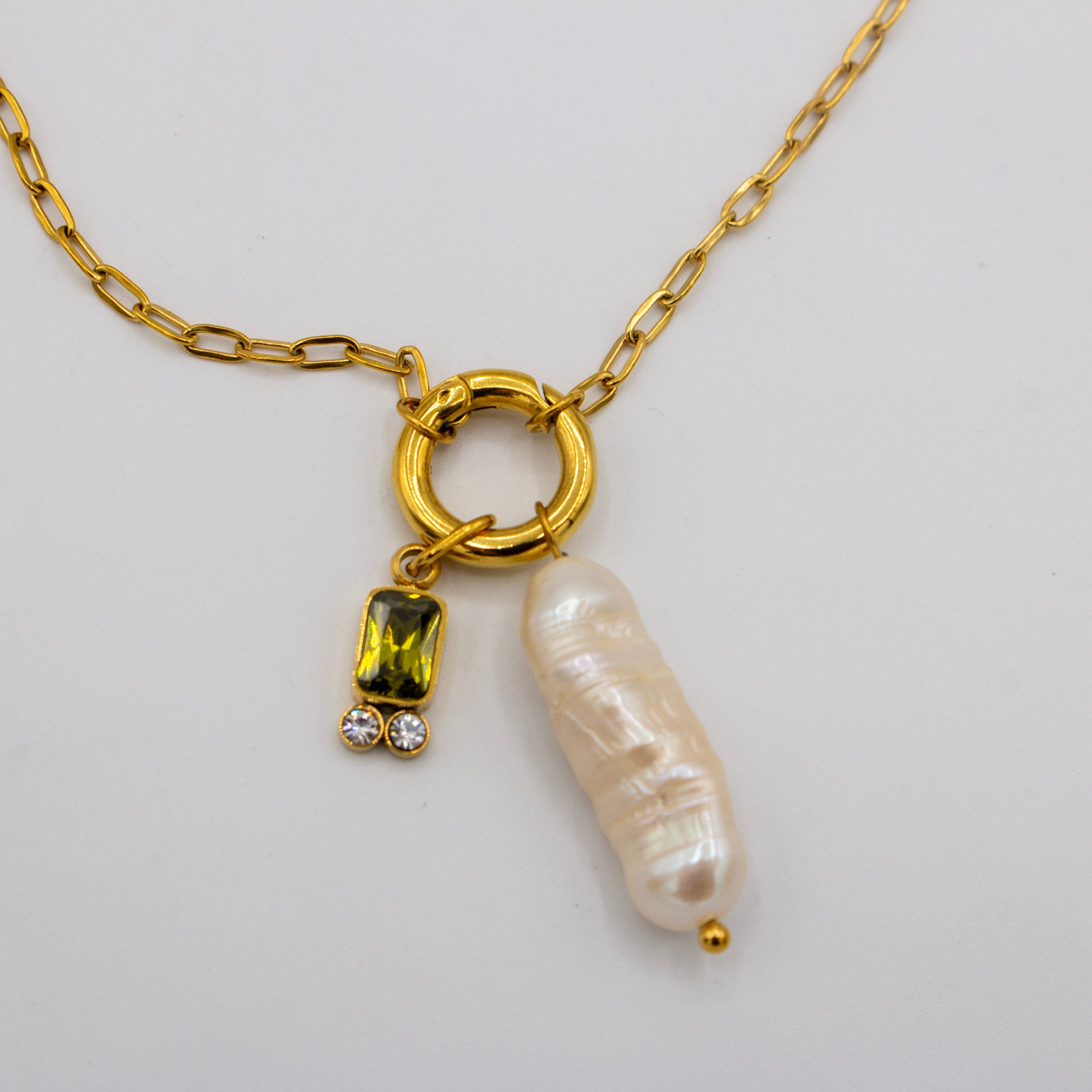 Olive Green Cz & Pearl Necklace