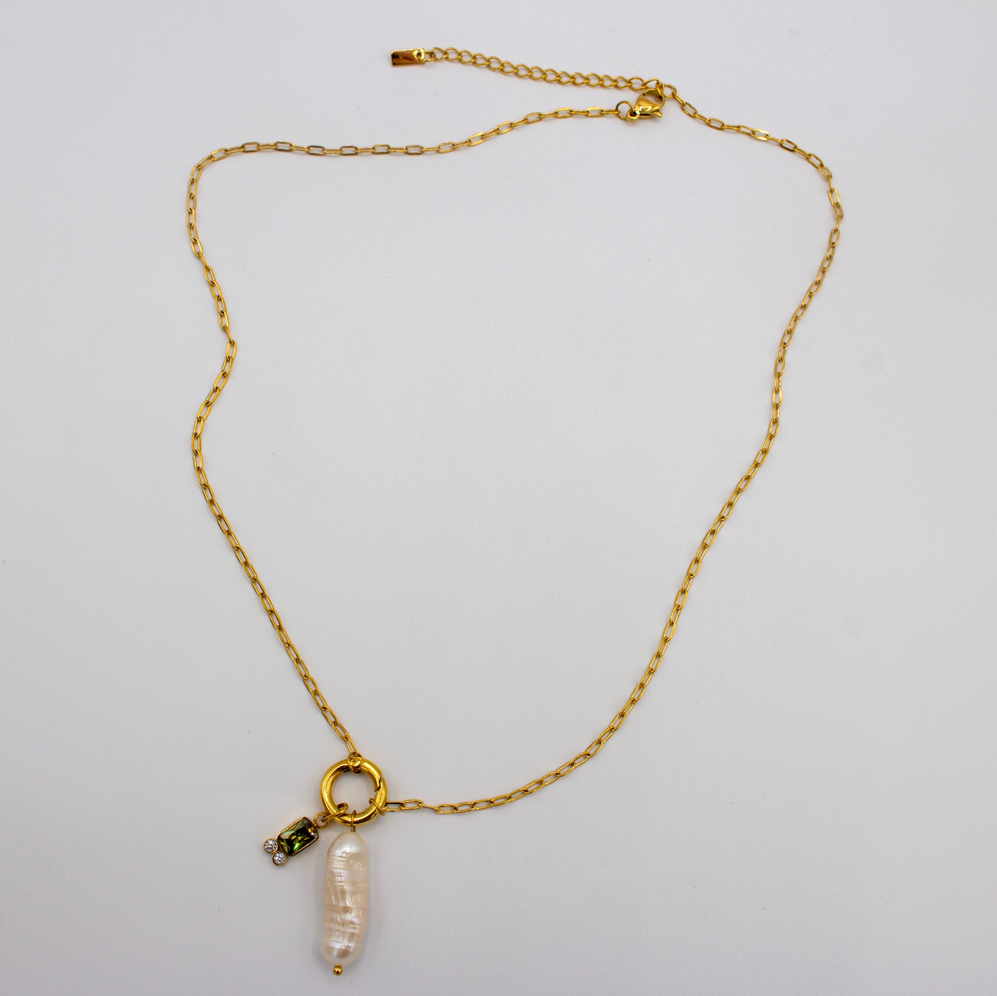 Olive Green Cz & Pearl Necklace