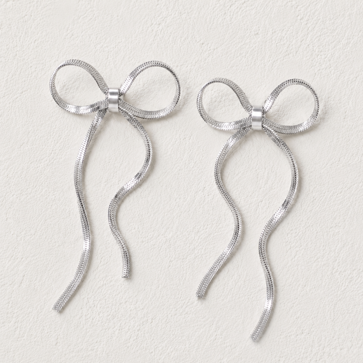 Herringbone Bow Dangle Earrings- silver