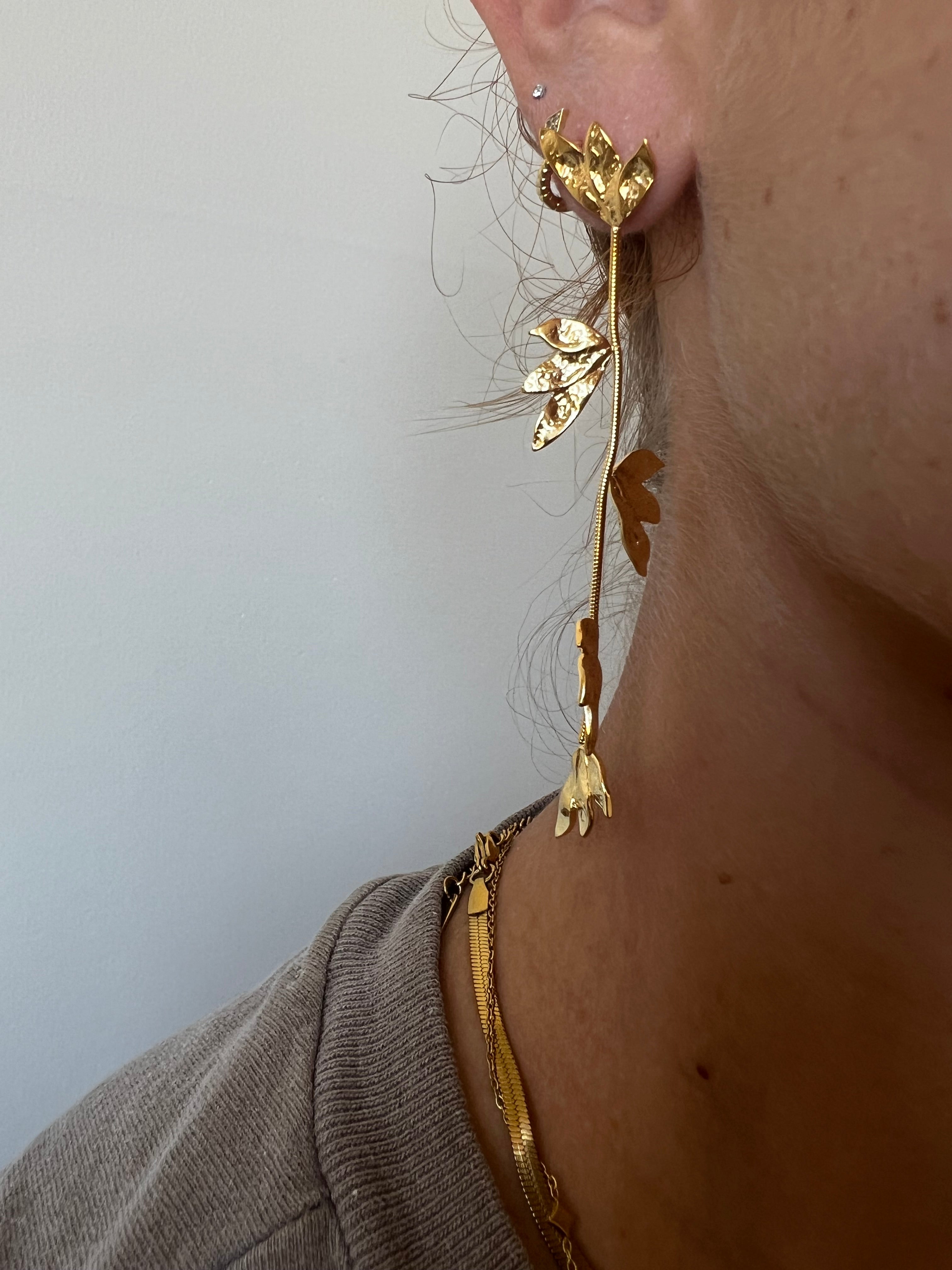 Gold Lg Leaf Dangle Earrings