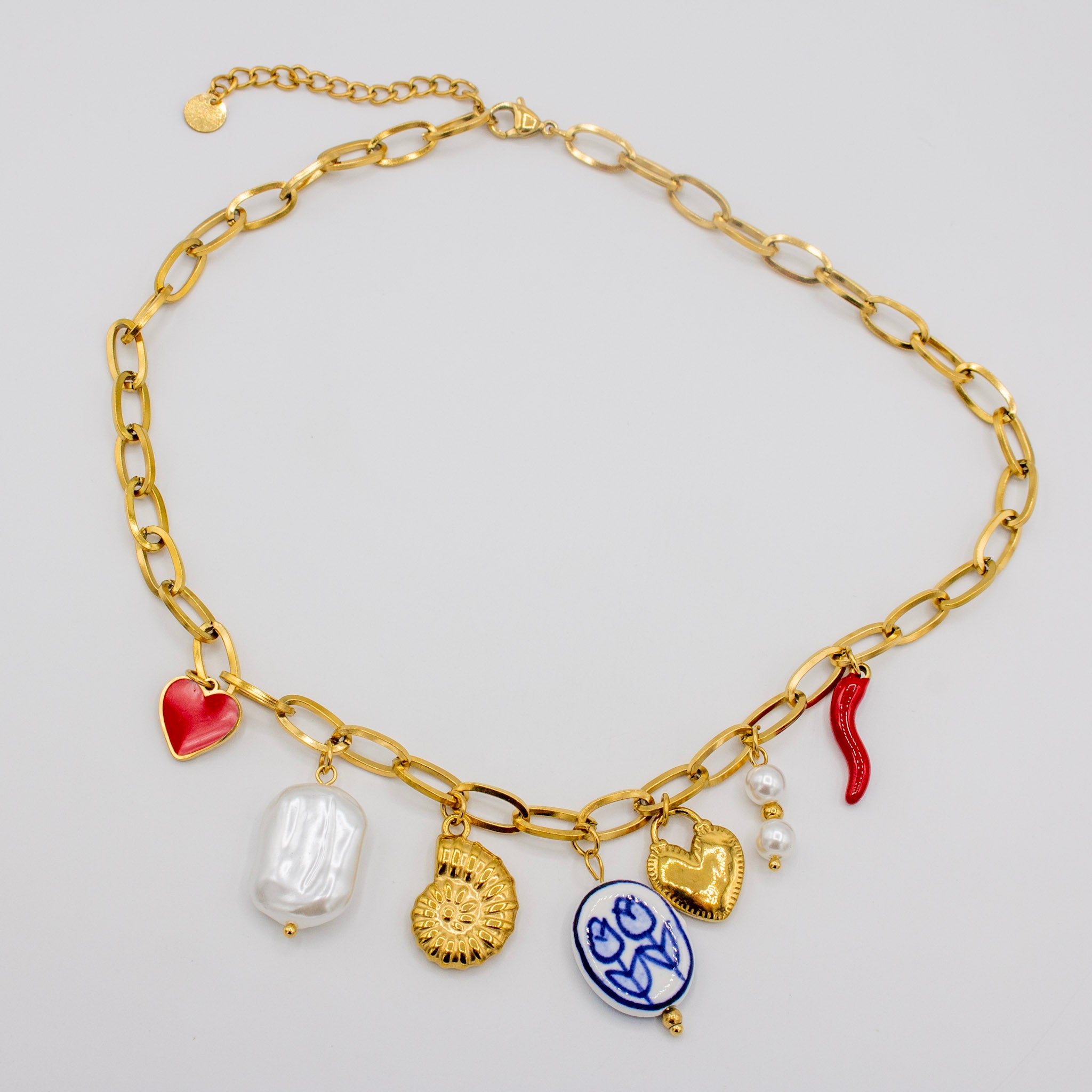 Pearl Gold and Ceramic Charm Necklace