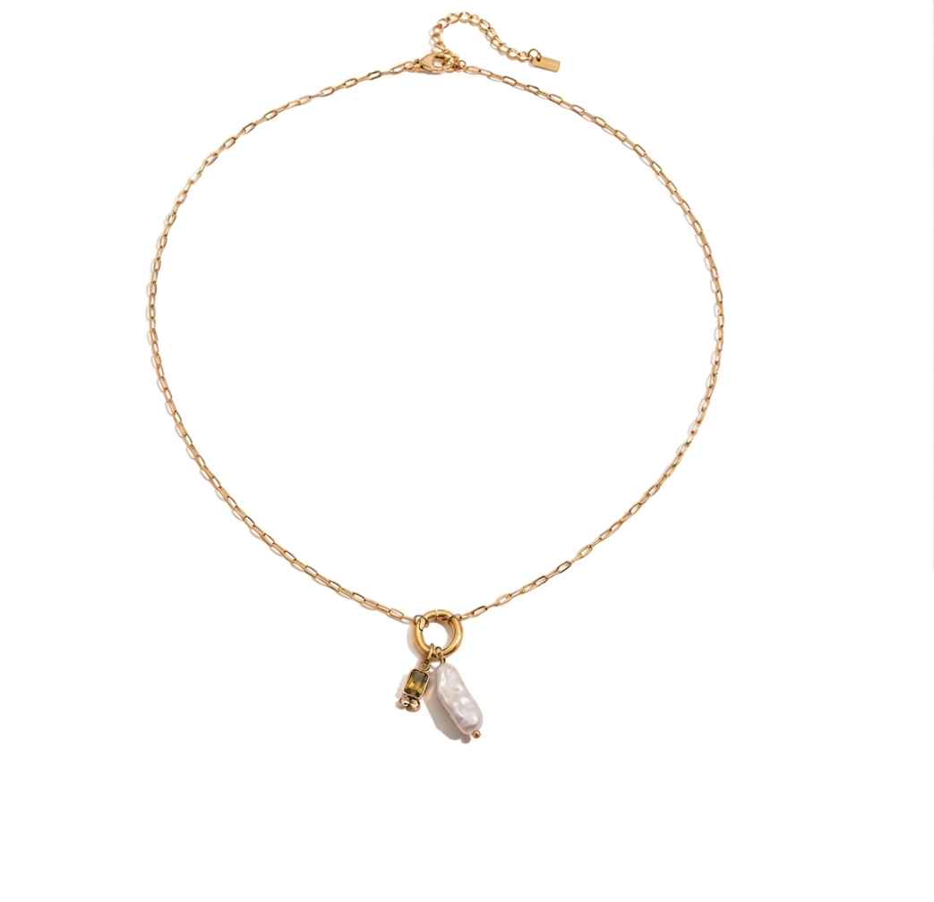 Olive Green Cz & Pearl Necklace
