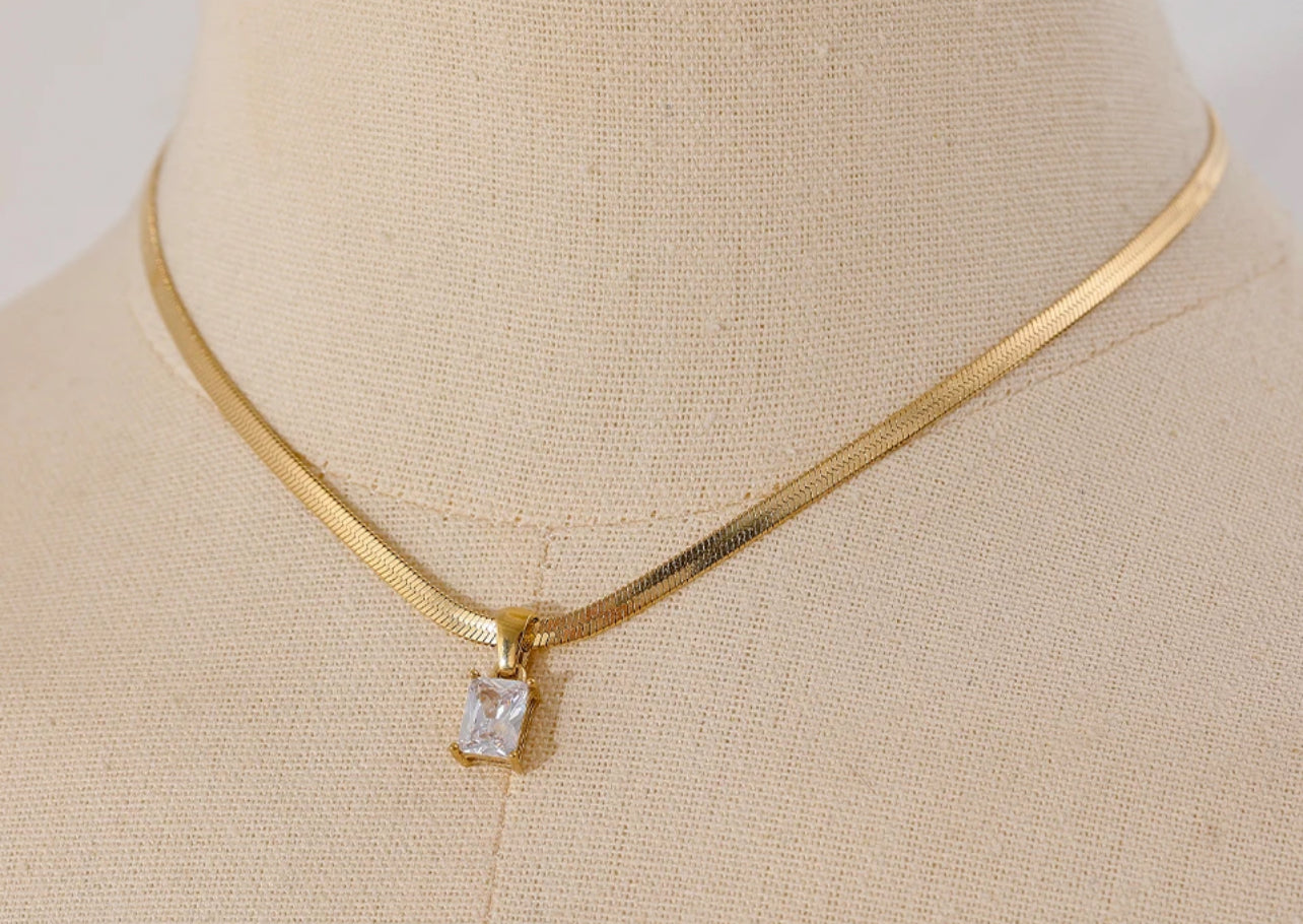 Cz charm herringbone necklace