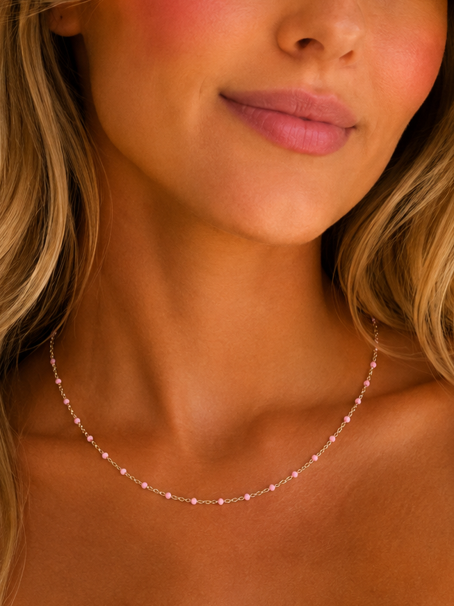 Pink Bead Gold Necklace