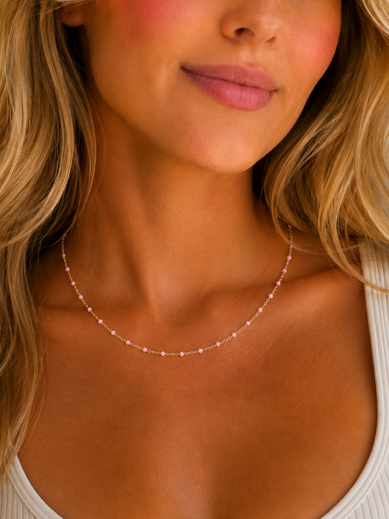 Pink Bead Gold Necklace