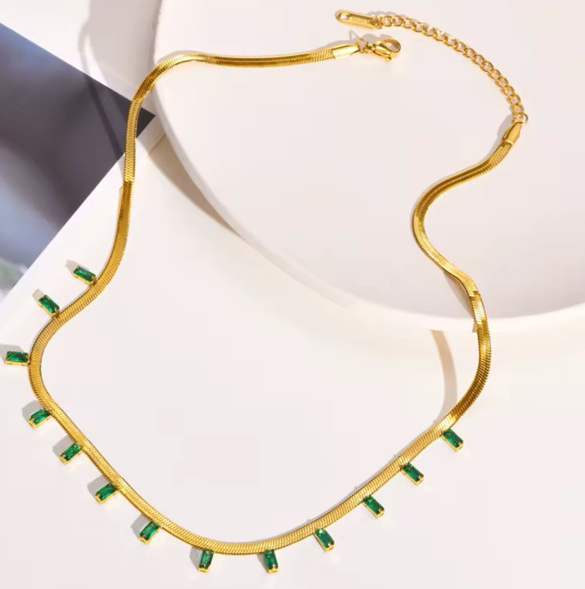 Emerald Cz Herringbone Necklace