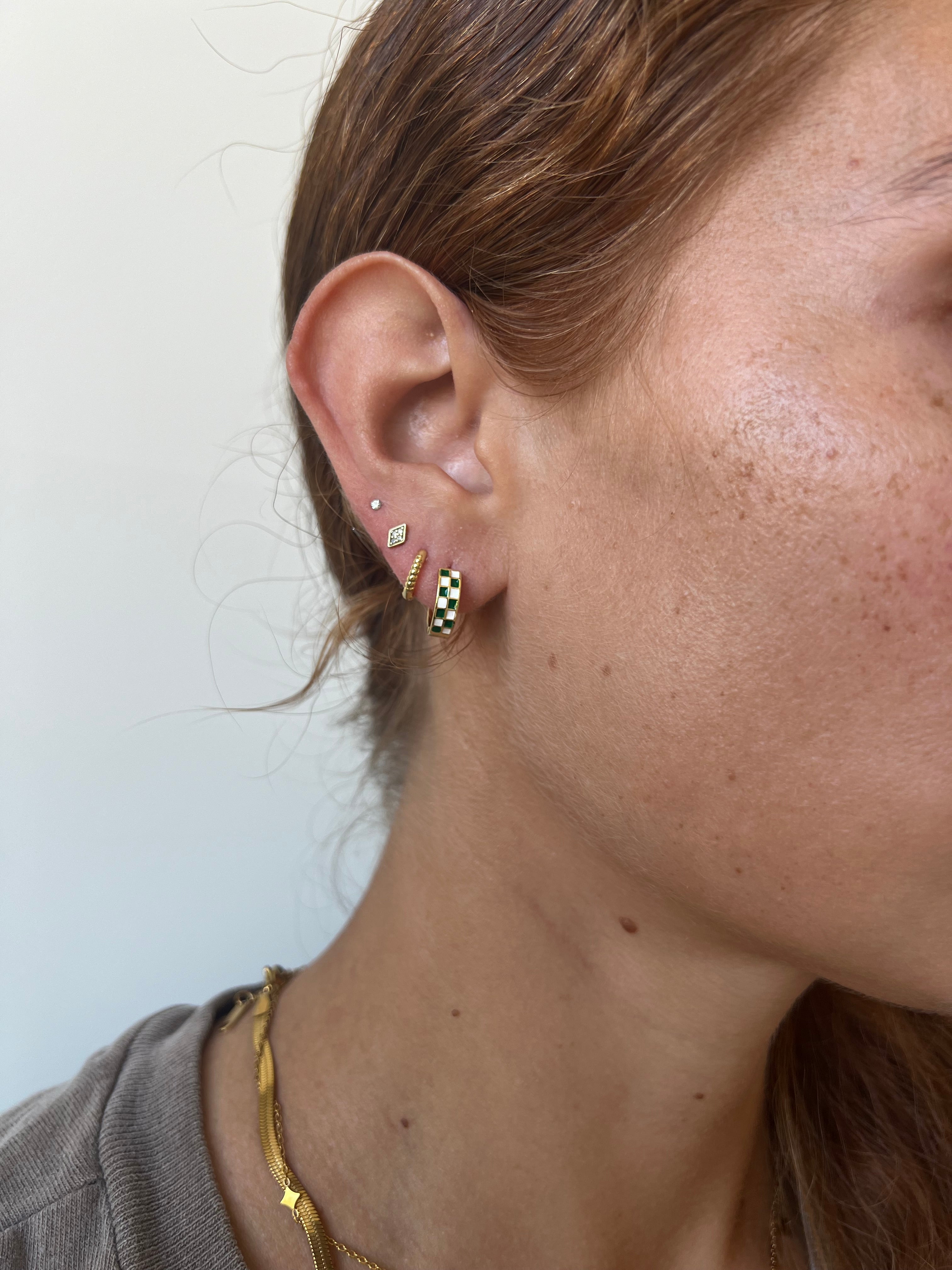 Green Checkered Huggie Hoops