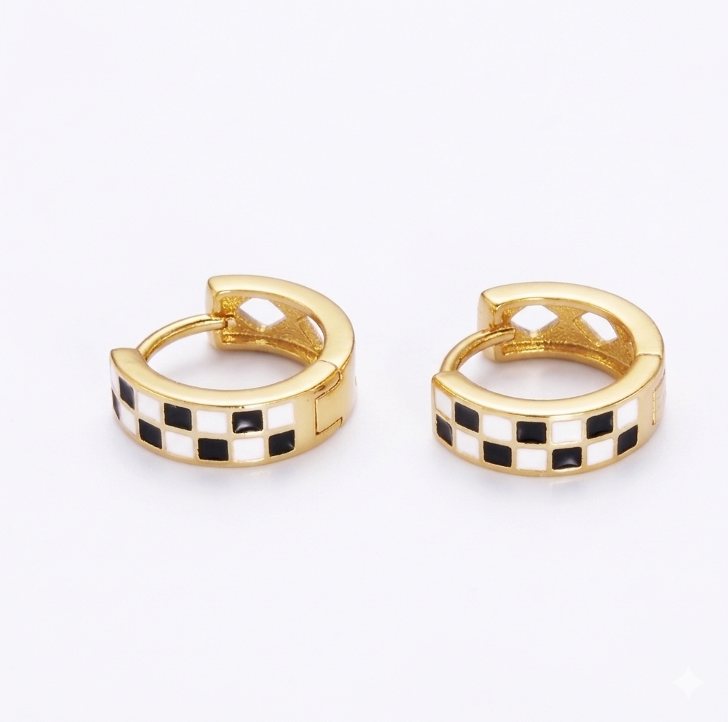 Black and White Checkered Huggie Hoops