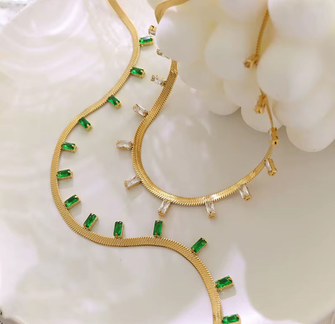 Emerald Cz Herringbone Necklace