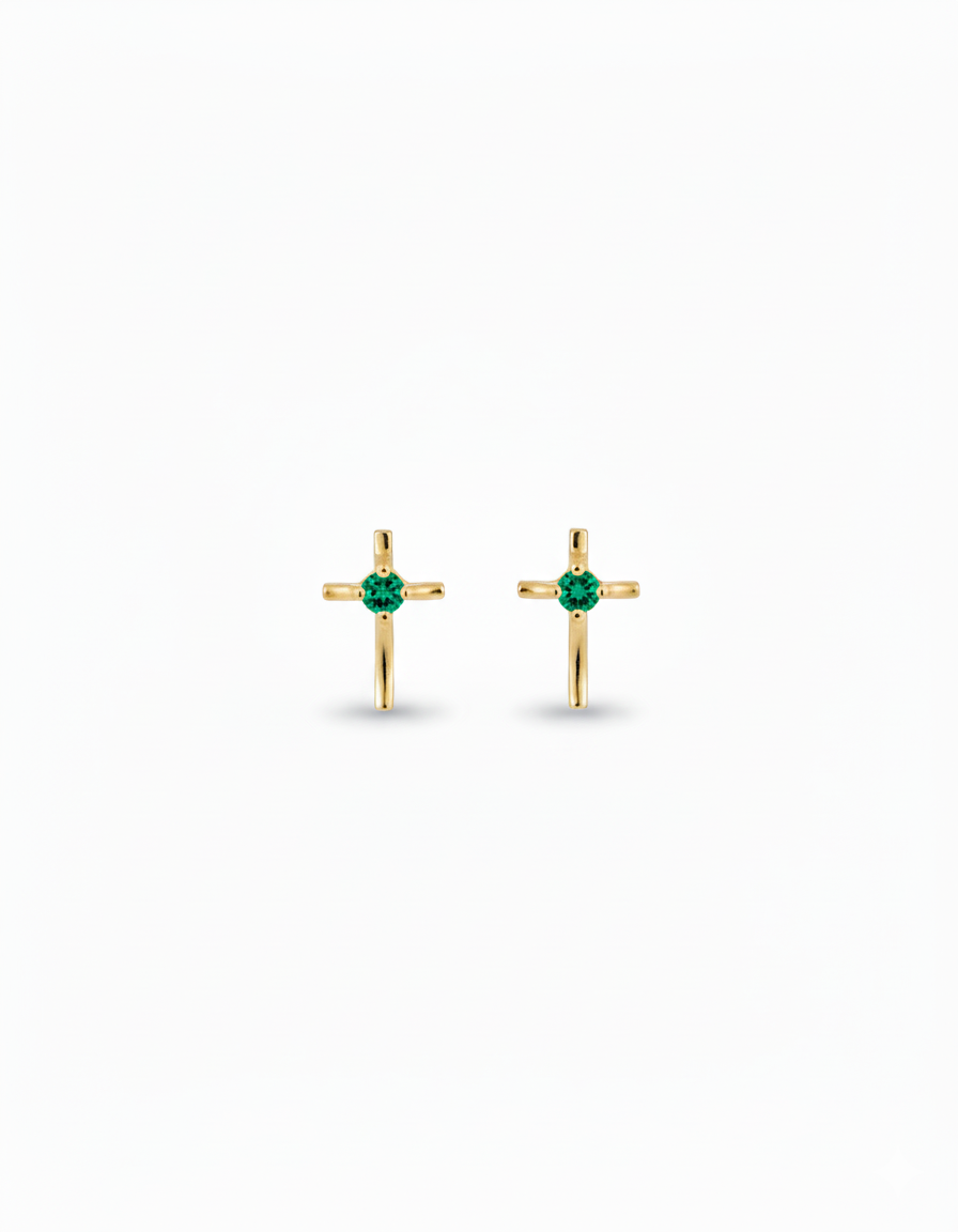 Emerald Cz Thin Cross Studs