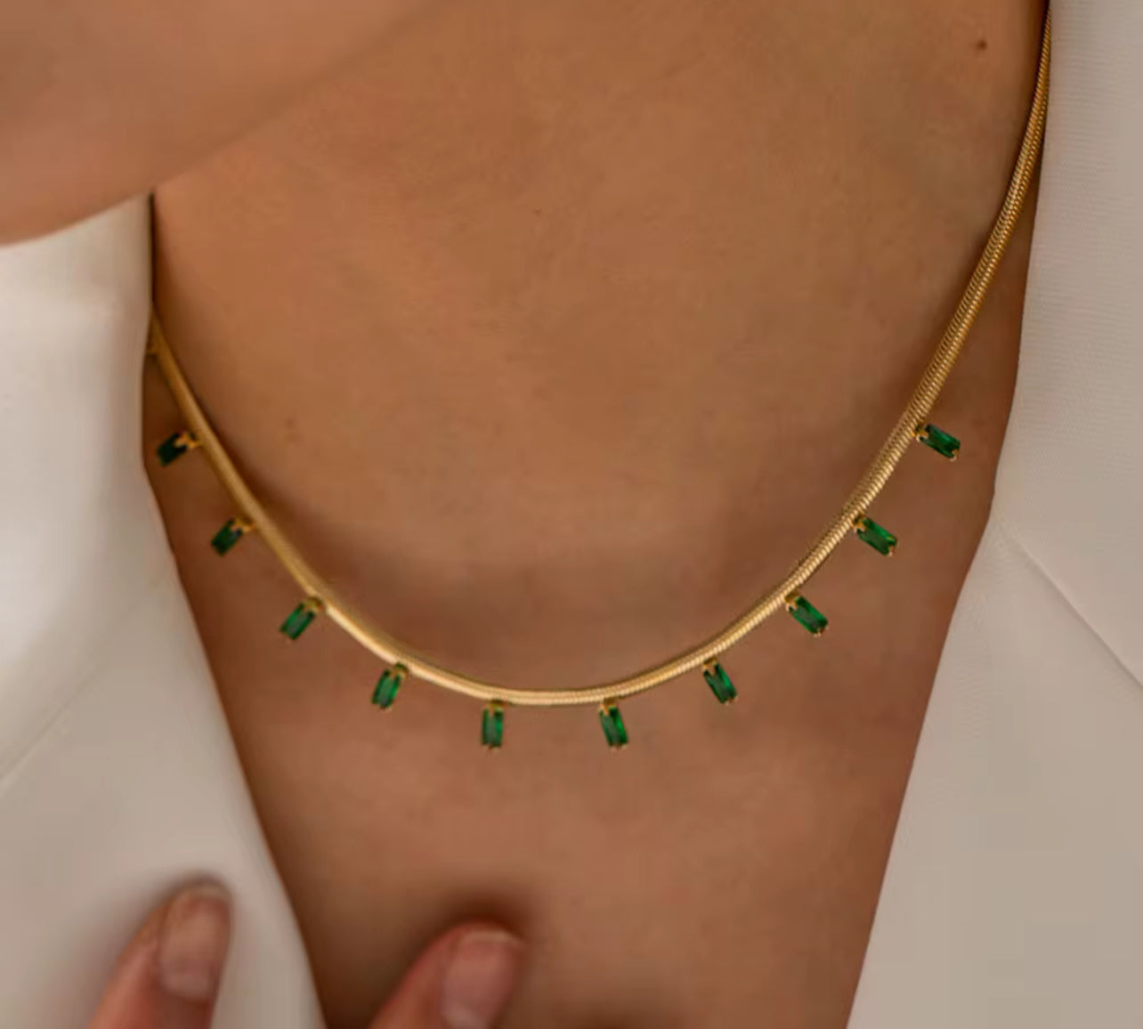 Emerald Cz Herringbone Necklace