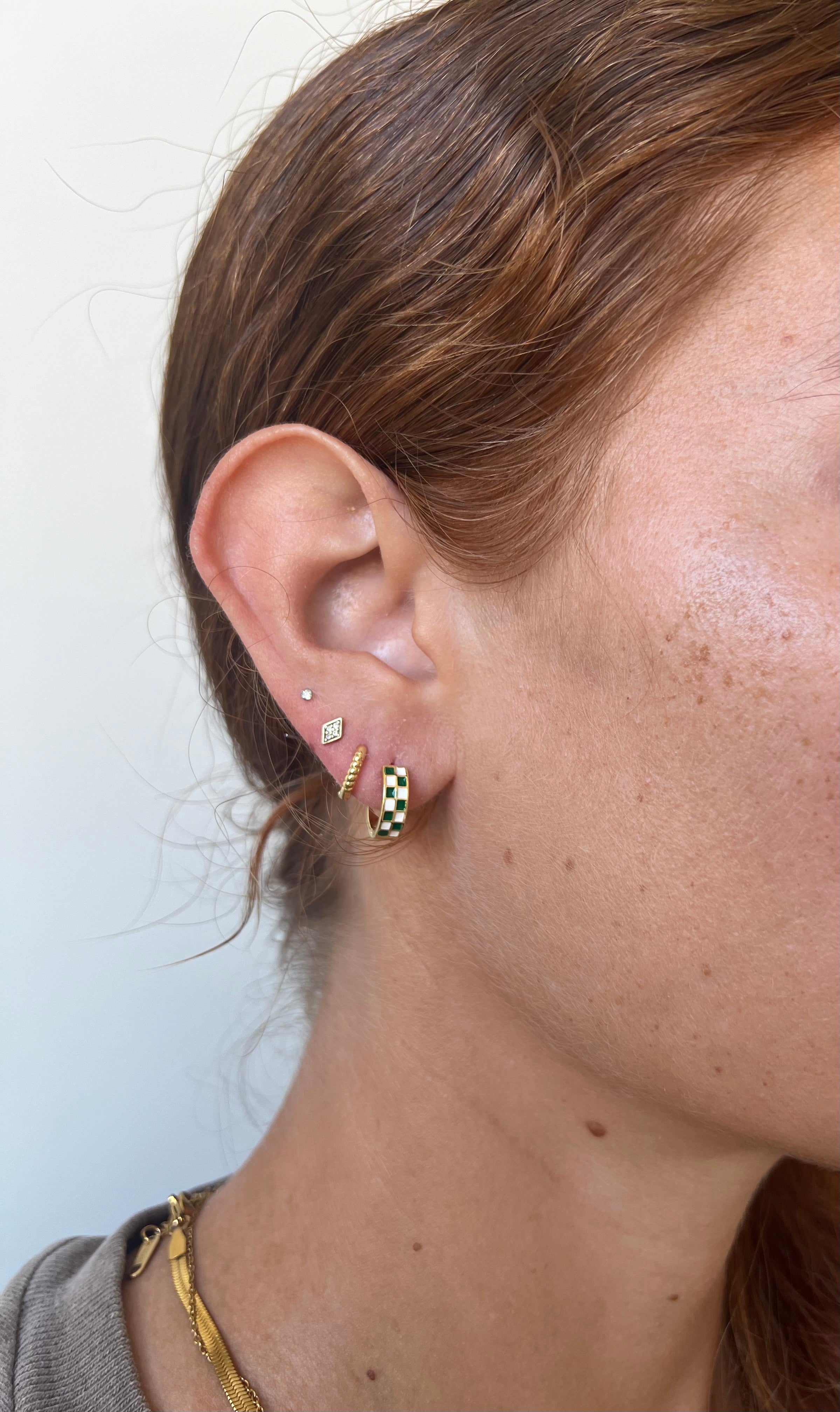 Green Checkered Huggie Hoops