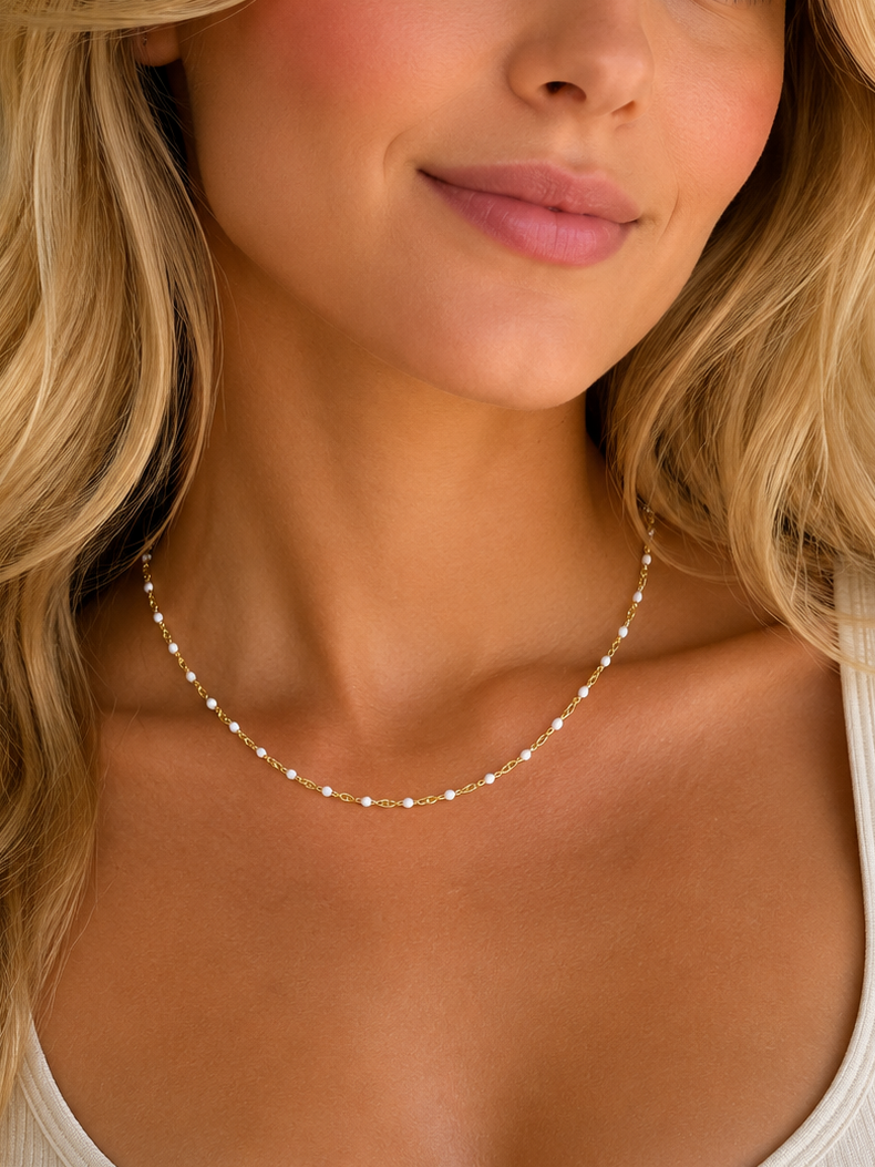 White Bead Gold Necklace