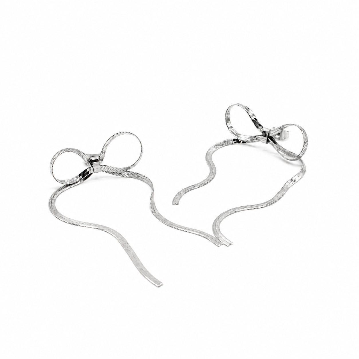 Herringbone Bow Dangle Earrings- silver