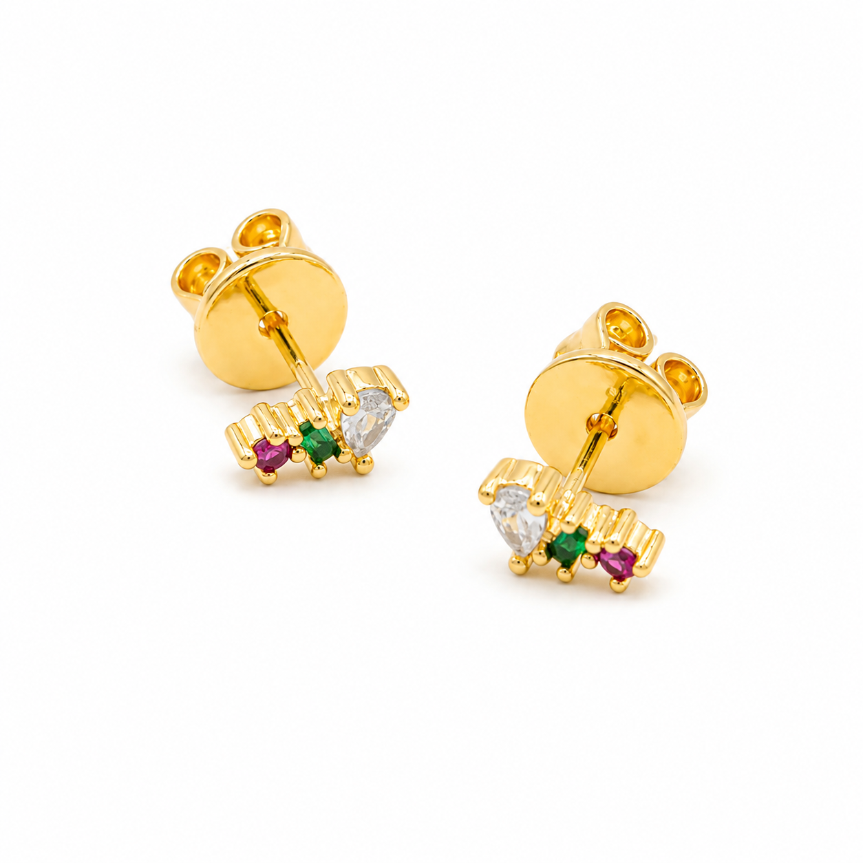 A pair of gold-plated stud earrings with a small geometric gold charm featuring green, purple, and clear gemstones