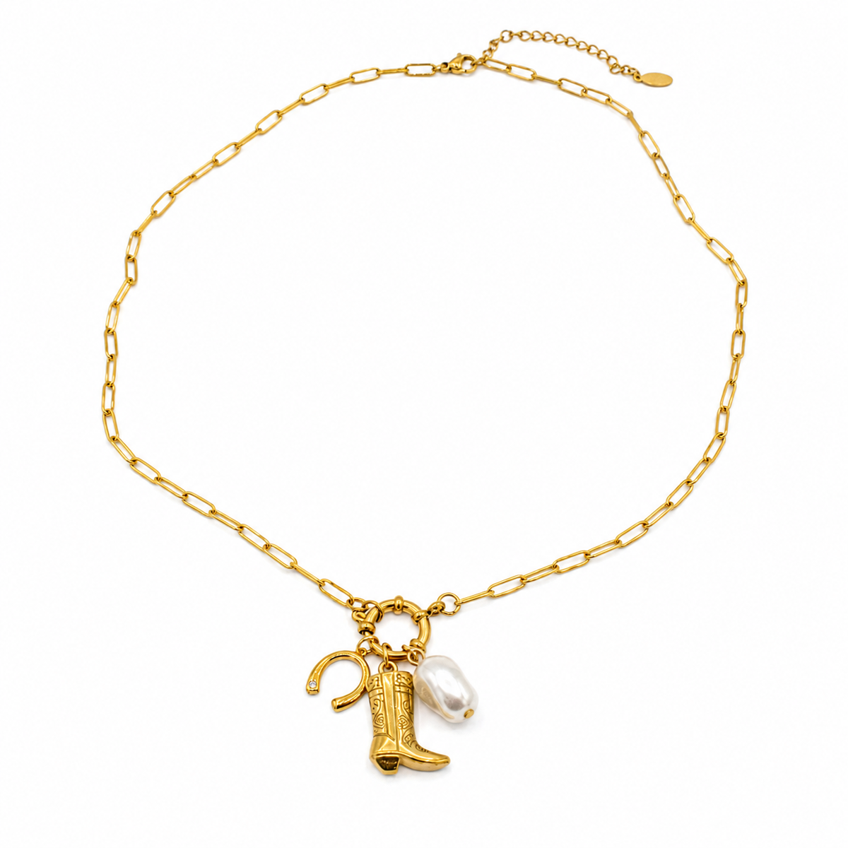 Cowgirl Boot, Horseshoe, and Pearl Charm Necklace
