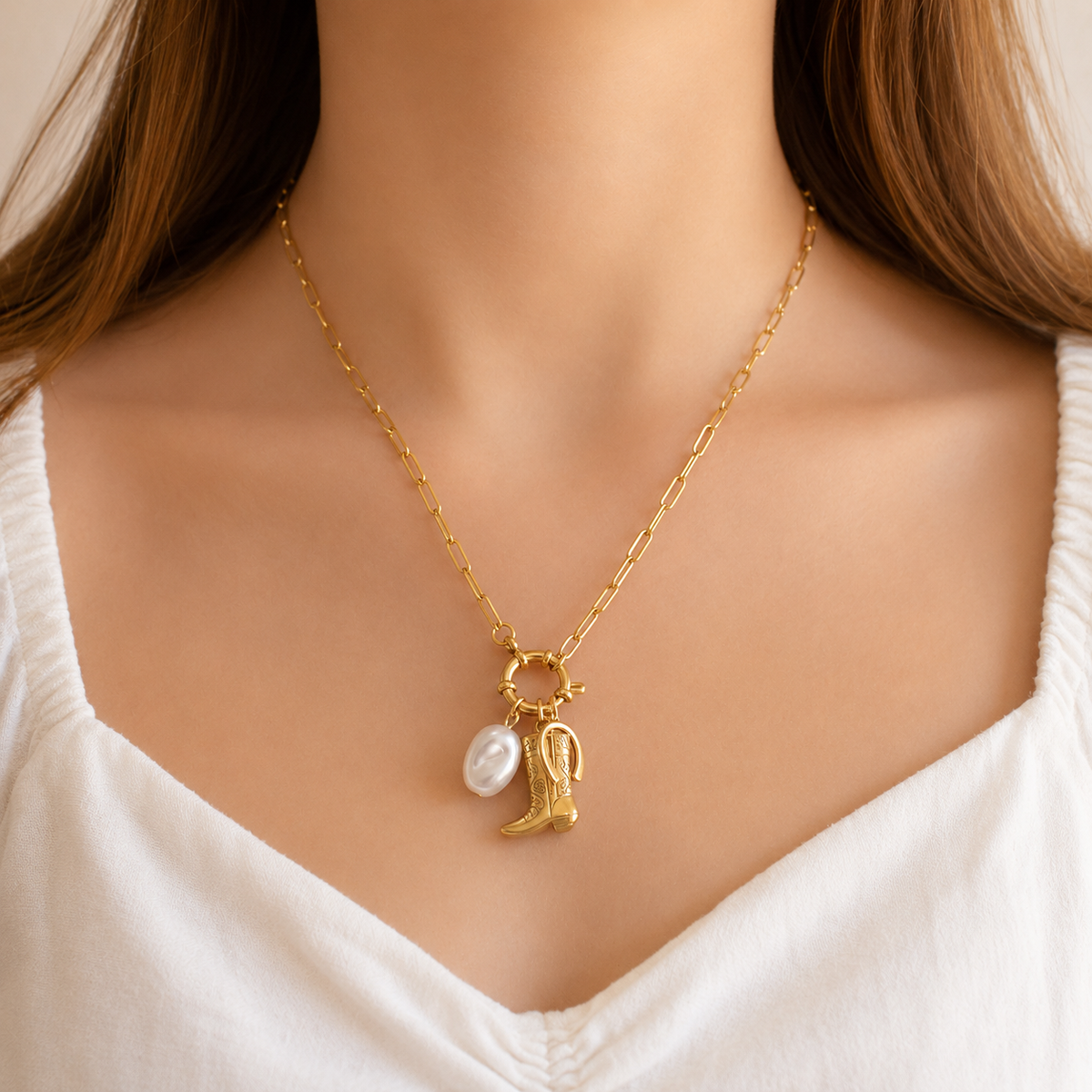 Cowgirl Boot, Horseshoe, and Pearl Charm Necklace