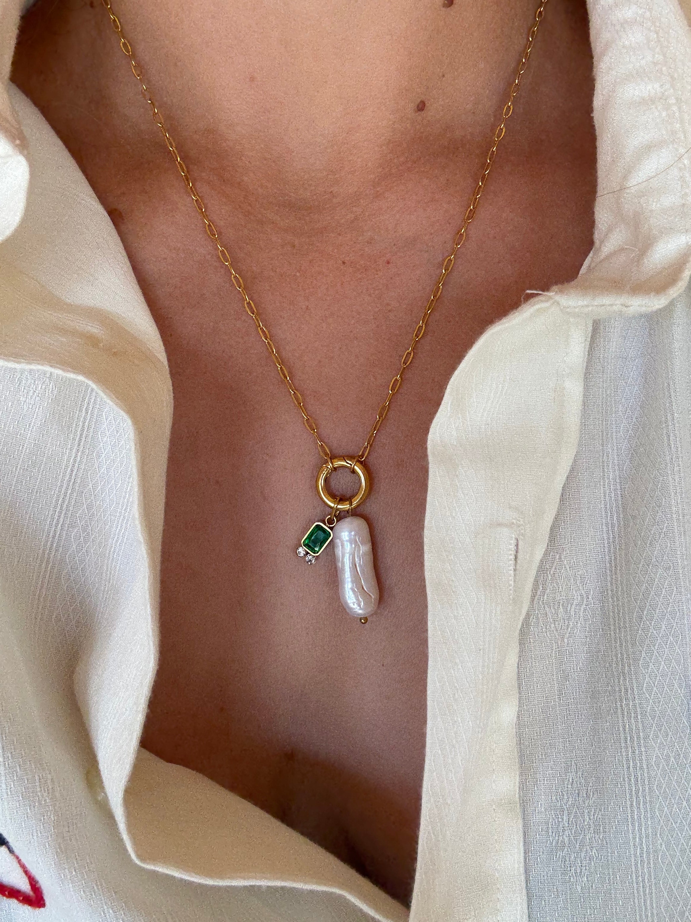 Emerald Cz + Pearl Necklace