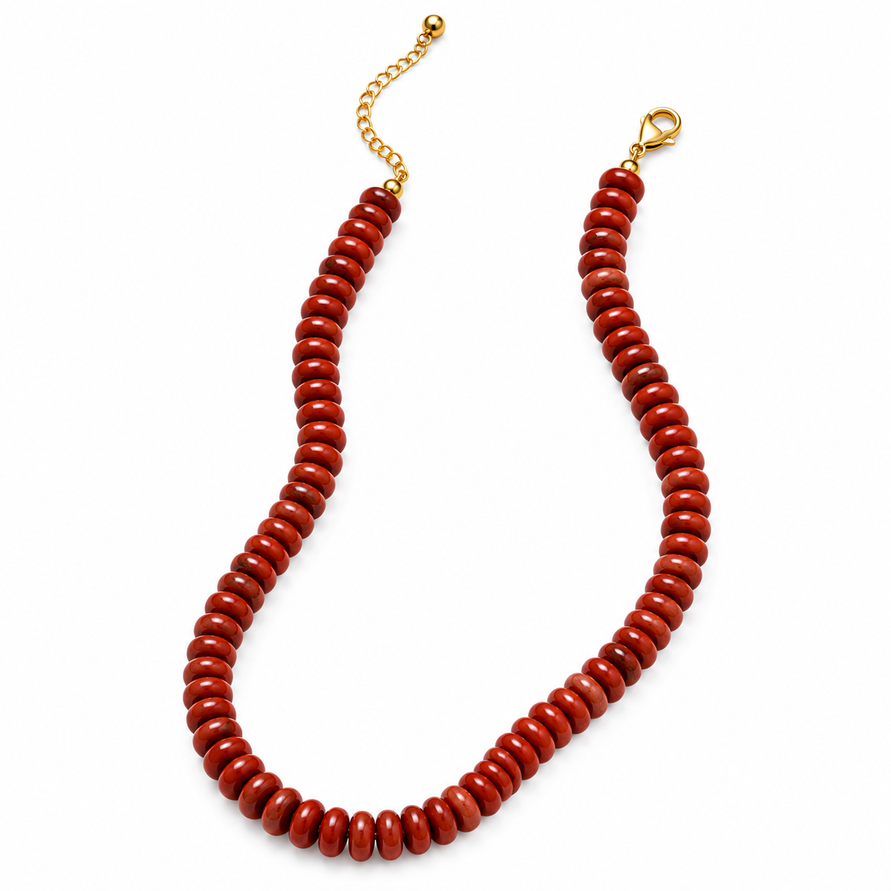 A beaded necklace made of glossy, round reddish-brown disc-like beads, featuring a gold-tone chain extender and a lobster clasp