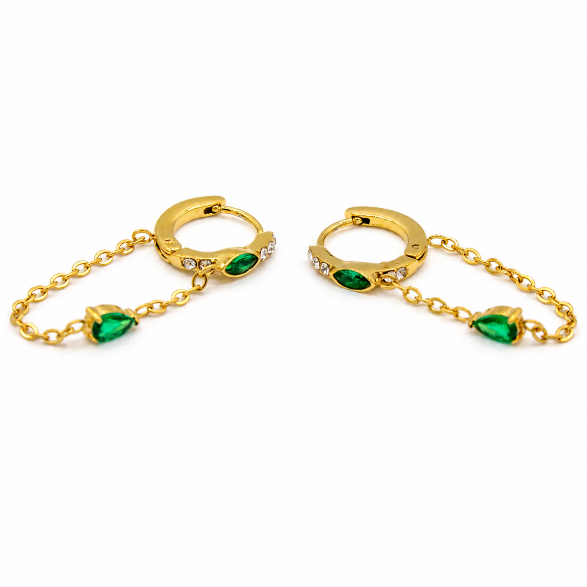 Emerald and CZ Chain Dangle Earrings