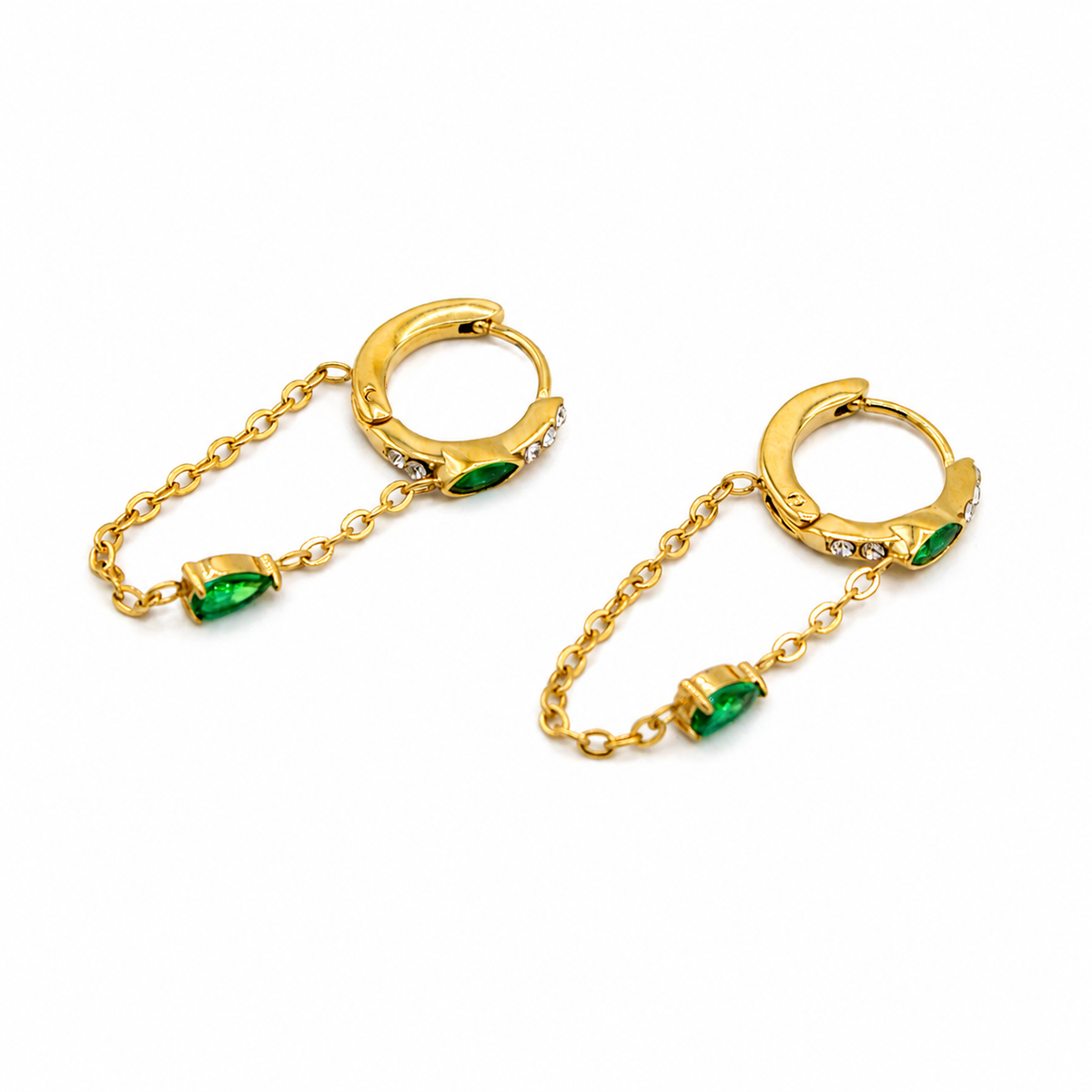 Emerald and CZ Chain Dangle Earrings