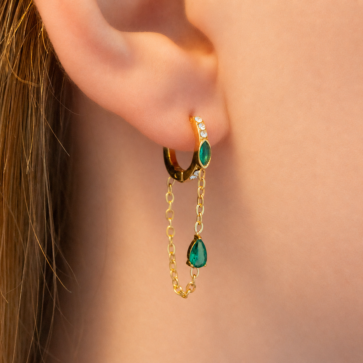 Emerald and CZ Chain Dangle Earrings