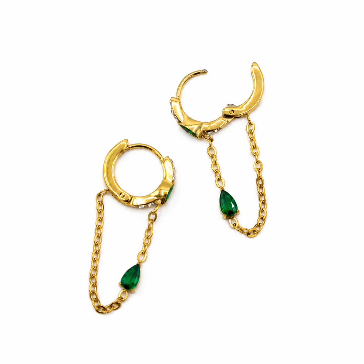 Emerald and CZ Chain Dangle Earrings