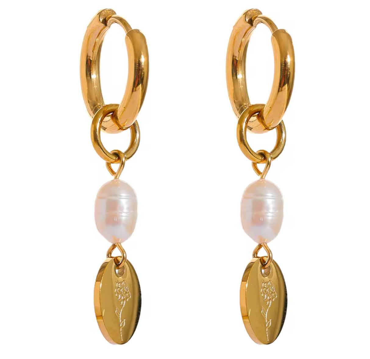 Engraved Flower + Fresh water pearl Dangle Earrings