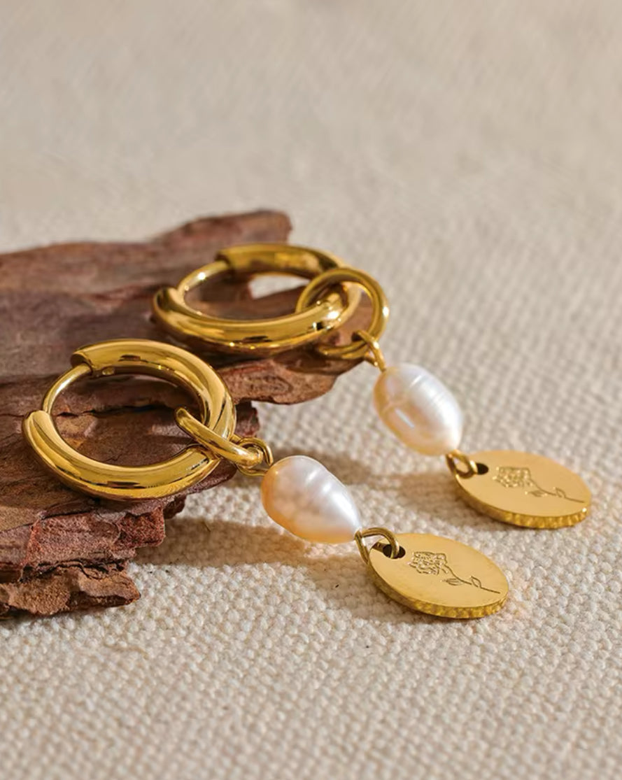 Engraved Flower + Fresh water pearl Dangle Earrings