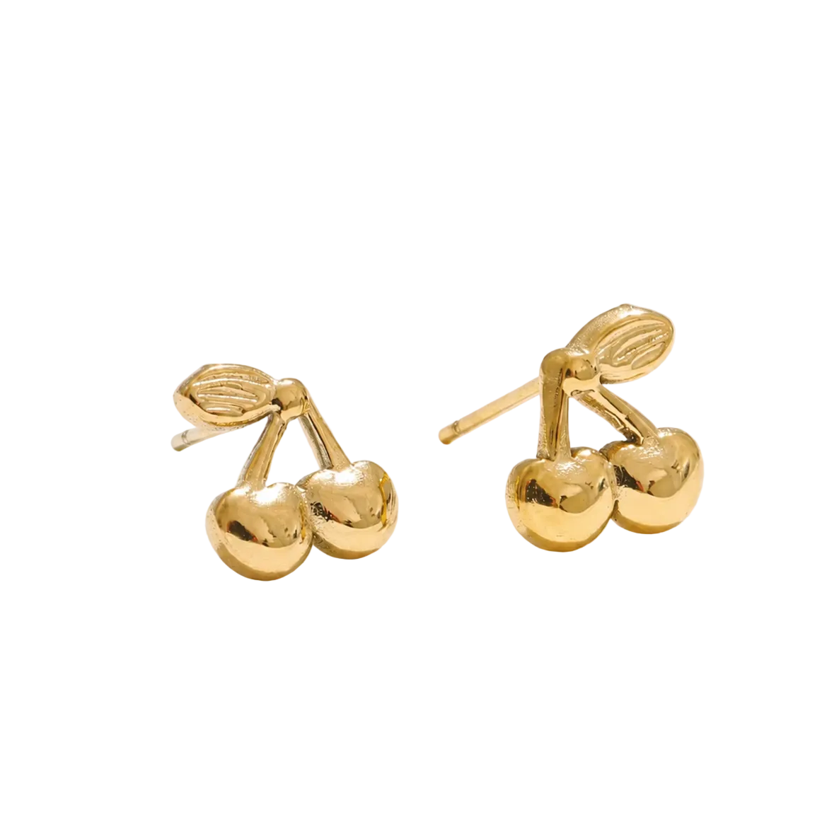 A pair of gold stud earrings shaped like cherries with stems and leaves
