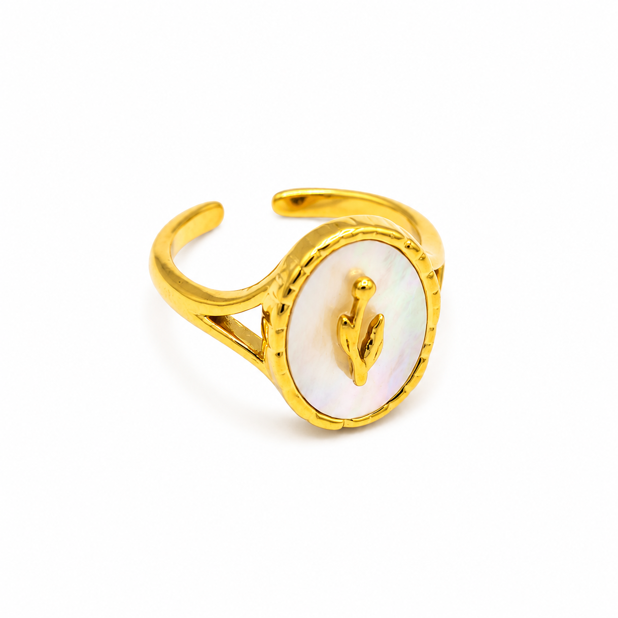 A gold-plated adjustable ring featuring an oval white mother-of-pearl inlay with a small gold anchor motif in the center