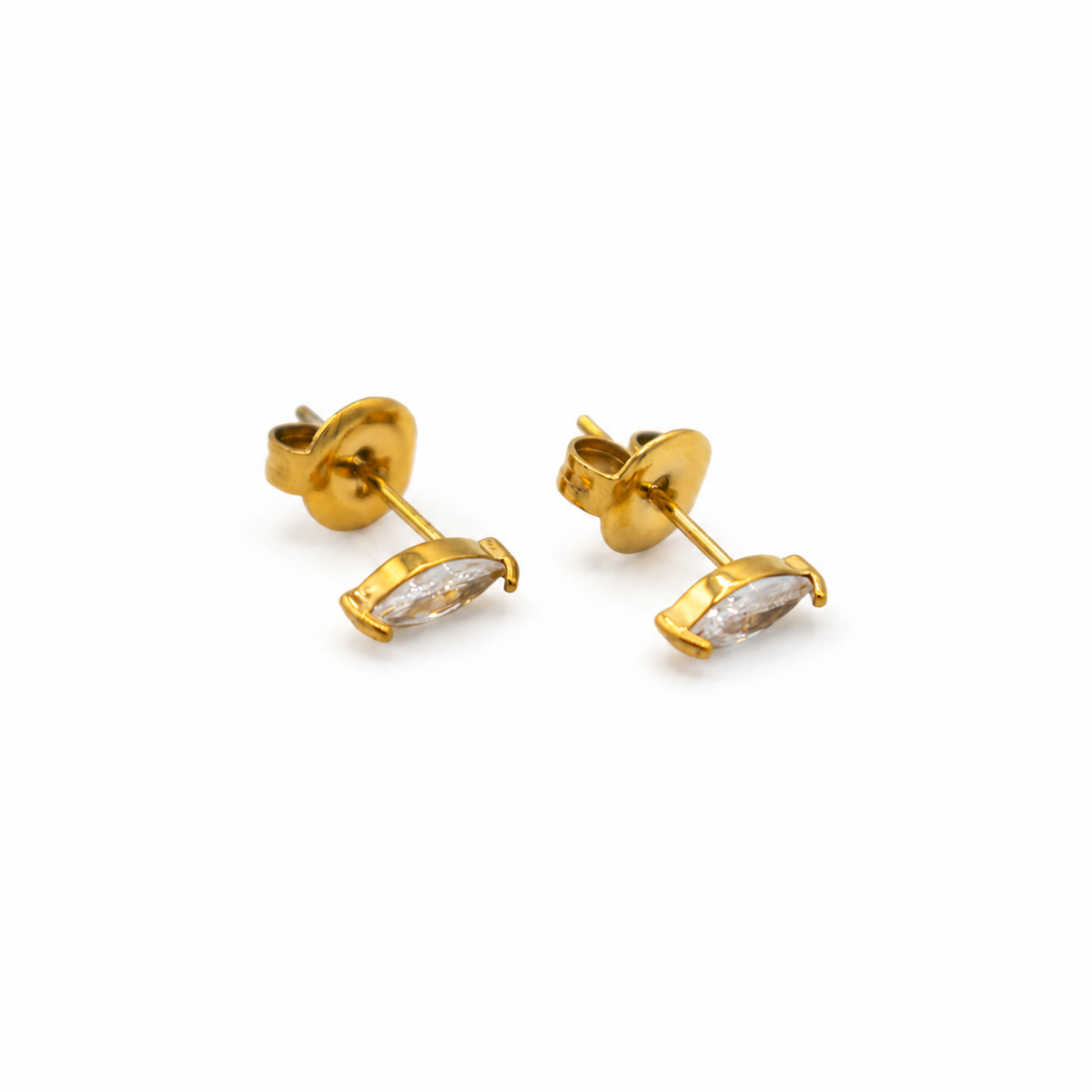 gold stud earrings with marquise-cut clear gemstones