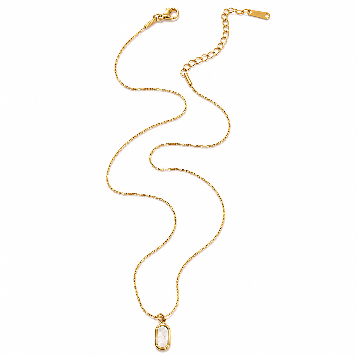 A gold chain necklace with a small open oval pendant