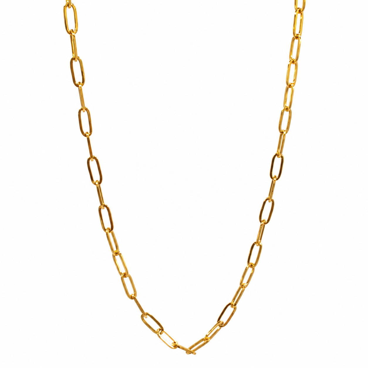 A gold paperclip chain necklace