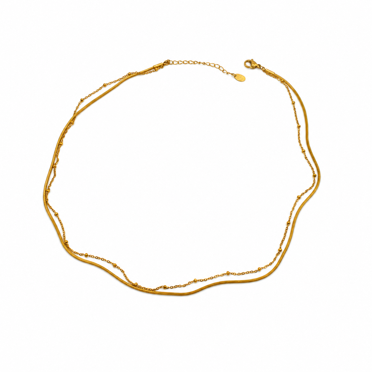 A delicate gold chain necklace with a wavy, layered design