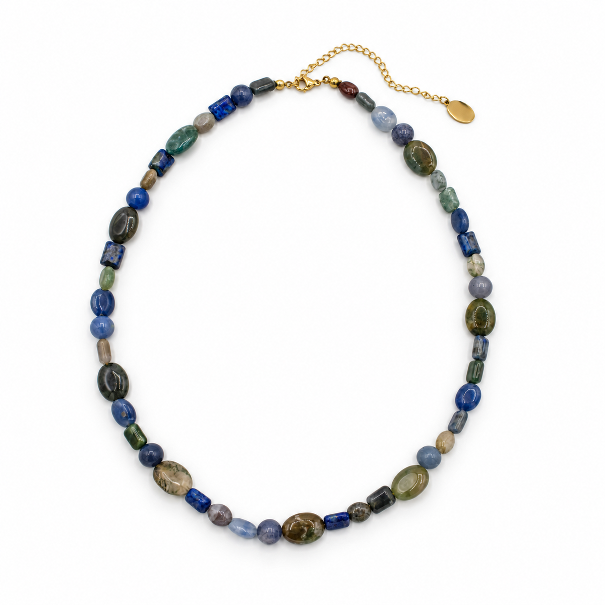 A beaded necklace made of polished natural stone beads in shades of blue, green, gray, and brown.