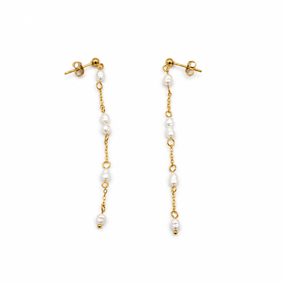 A pair of gold dangle earrings with irregular white freshwater pearls