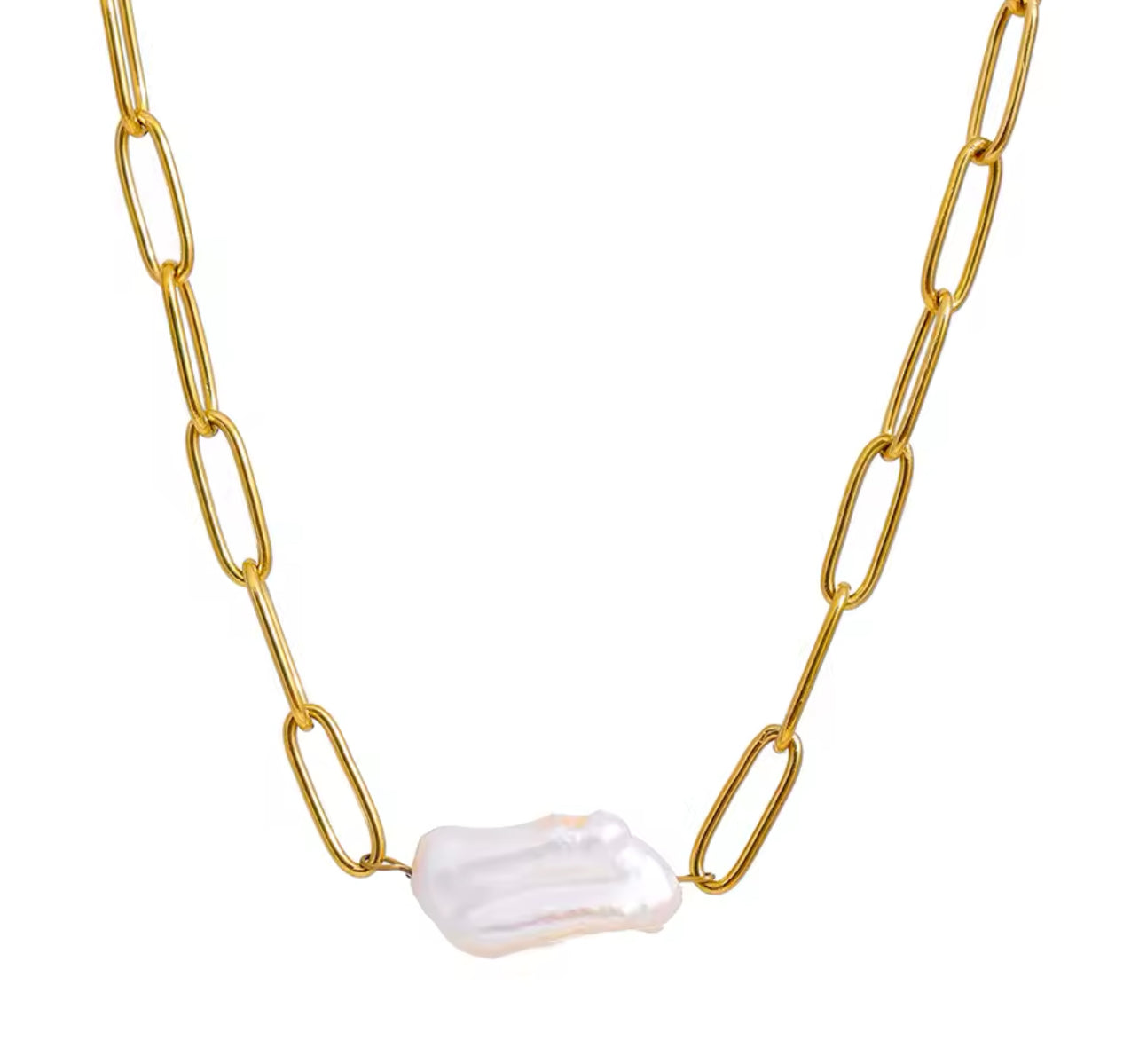 A gold-colored stainless steel necklace with a fresh water pearl charm on a chain link.