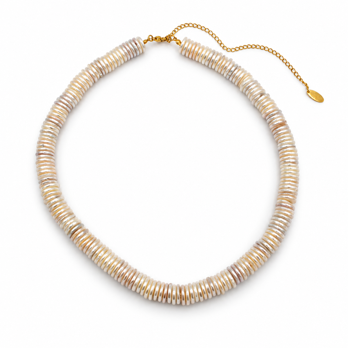 A chunky beaded necklace made of stacked metallic discs in gold, silver, and rose gold tones, with a gold chain extender and tag