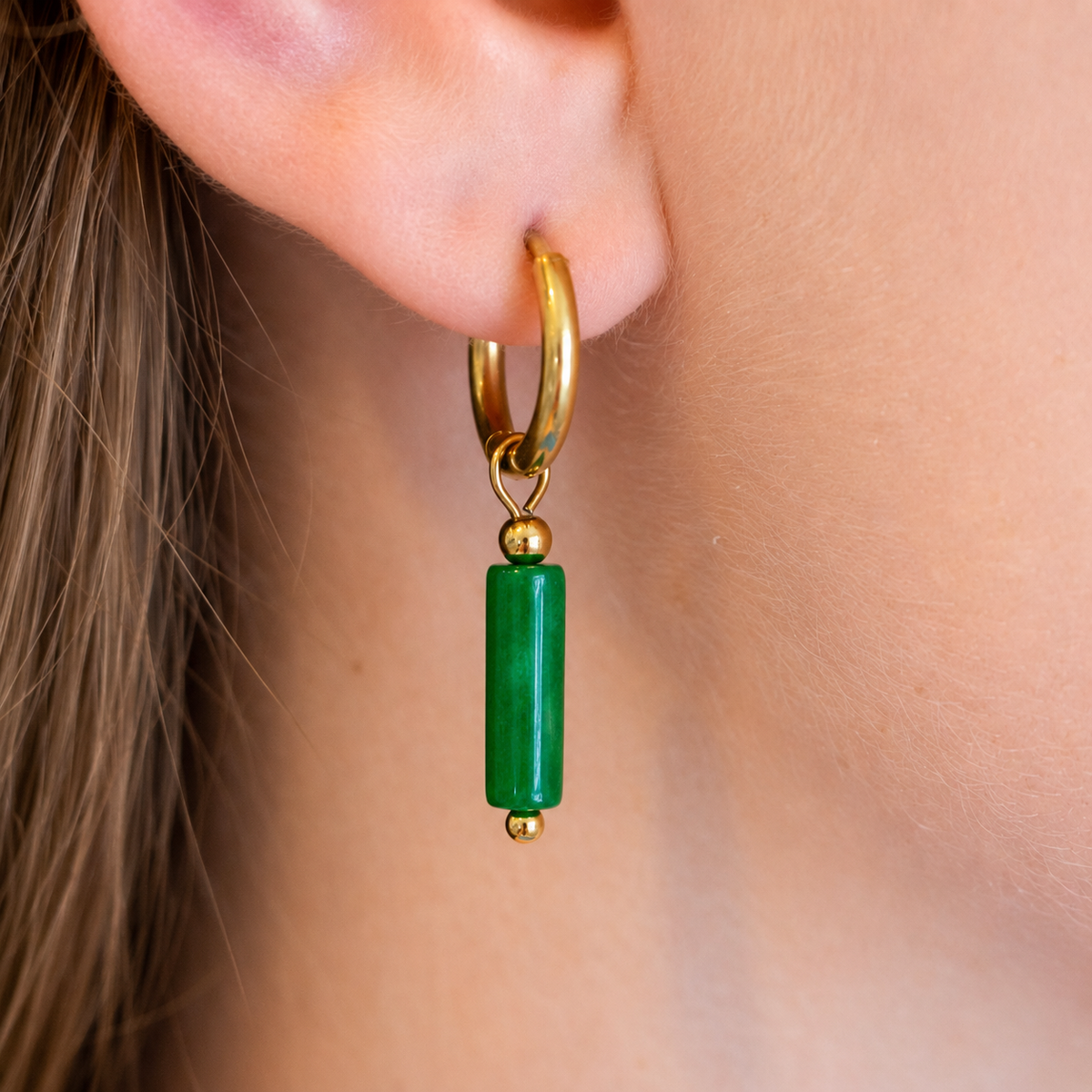 Green Stone Charm Dangle Huggies