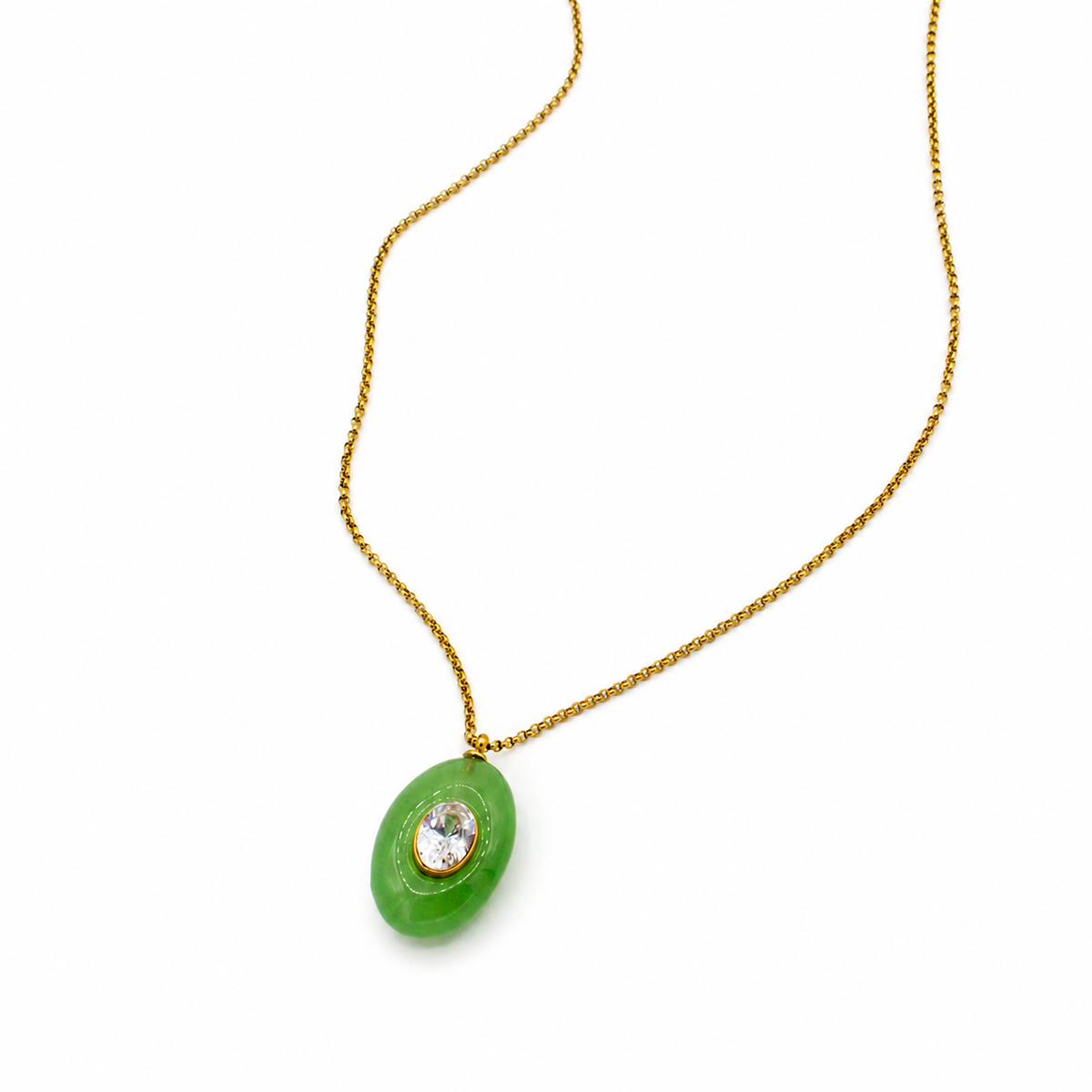 Green Stone and CZ Oval Charm Necklace