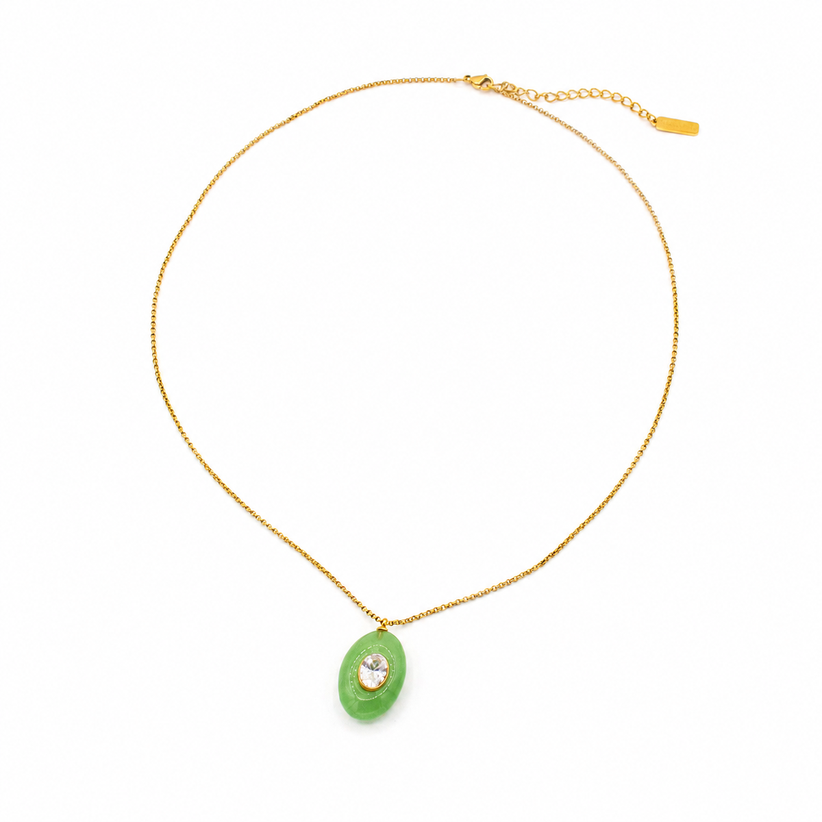 Green Stone and CZ Oval Charm Necklace