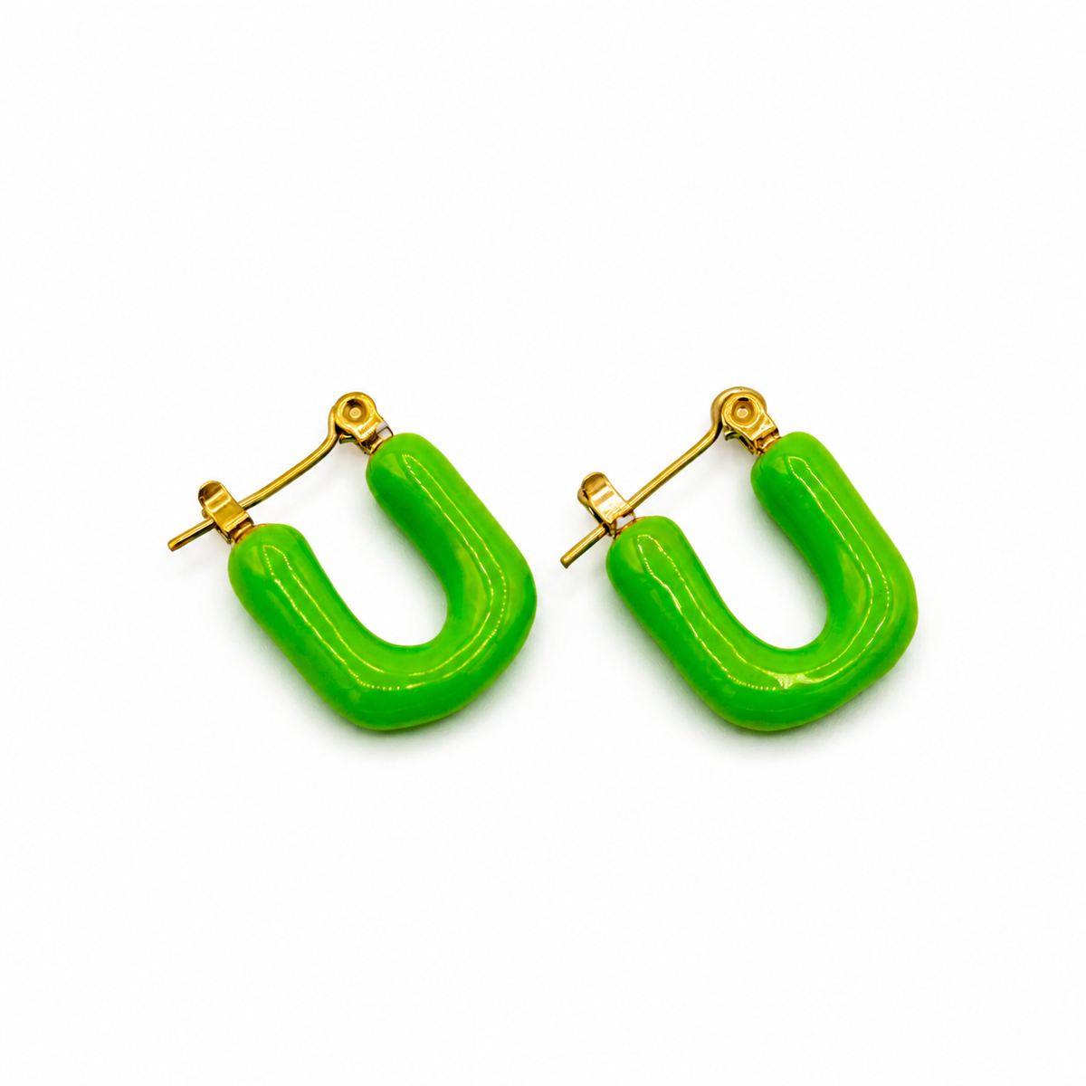 A pair of bright lime green U-shaped hoop earrings with gold-tone posts and backings
