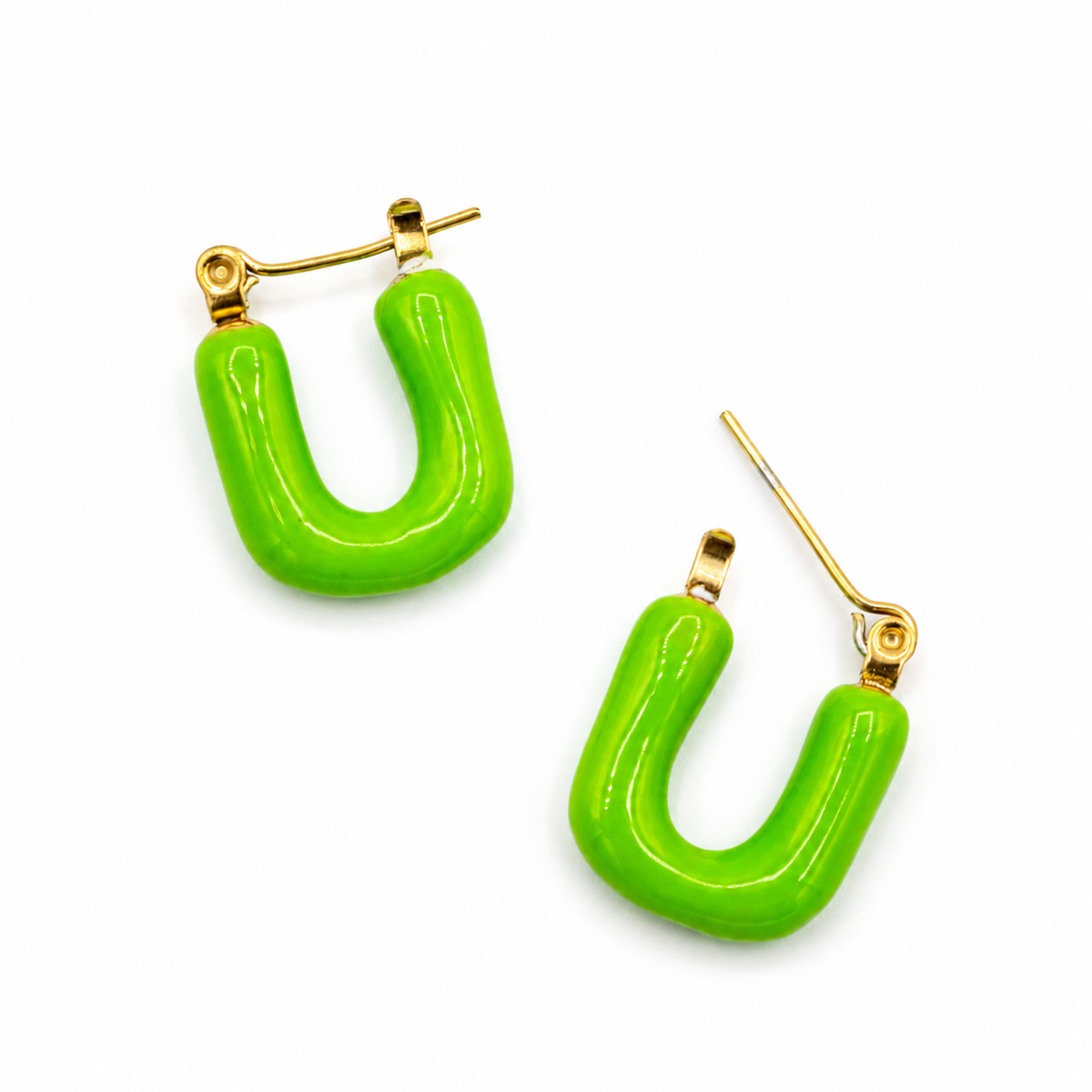A pair of bright lime green U-shaped hoop earrings with gold-tone posts